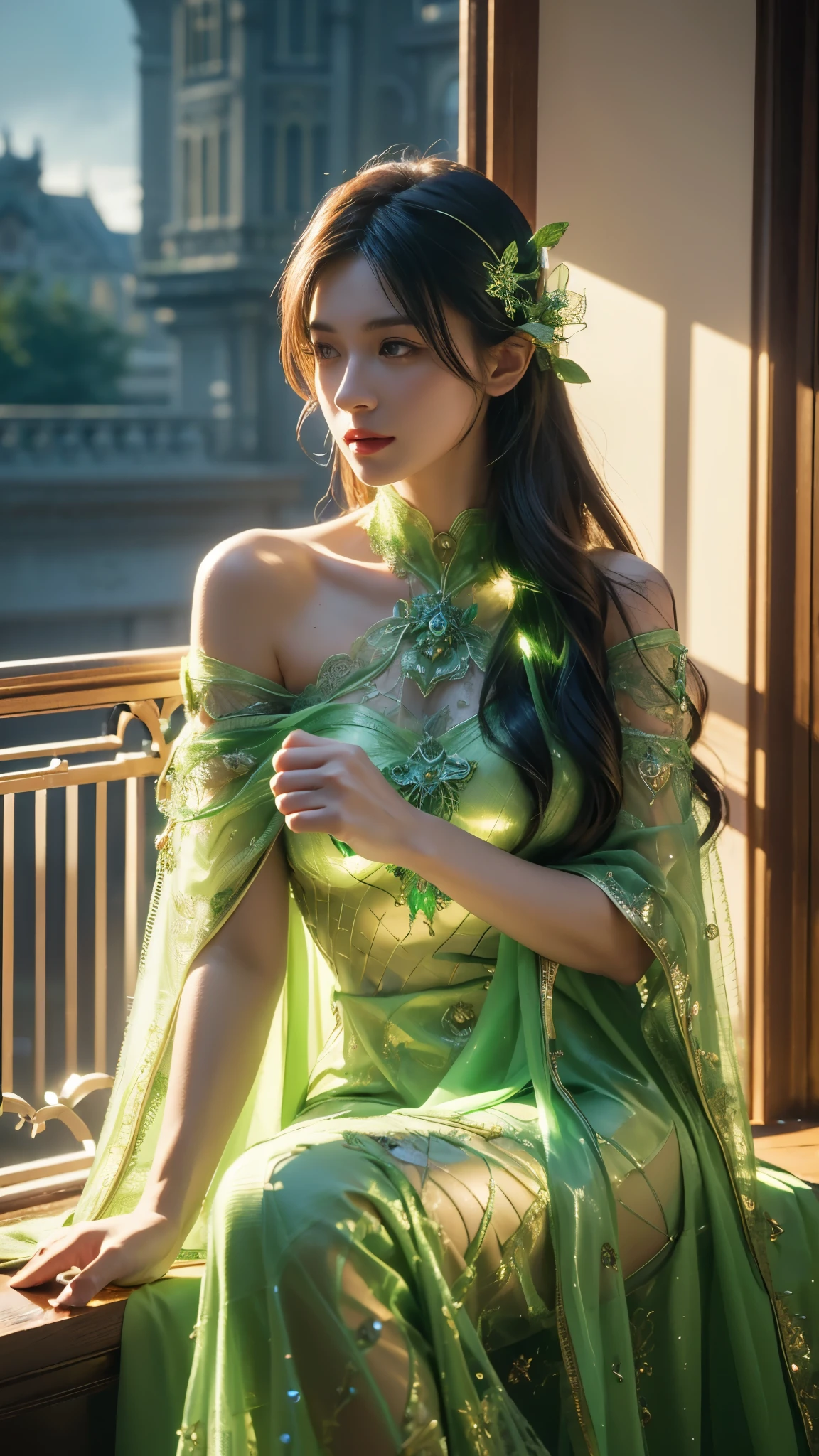 of the finest quality, masterpiece, Ultra High Resolution, (Photorealistic: 1.4), Unprocessed image, Raven hair, Lustrous complexion, 1 Nature Nymph, (incredibly lifelike features)), Full form, Natural Illumination, Contrast-rich, shadowy, Sunlight Rendering, 8K, razor-sharp, Revealed cleavage, Unadorned skin, Stone, Detailed leafy embellishments, Nature-inspired details, intricately designed, Realistic sunlight, Trends in Natural Art, Facing the sun, Bioluminescent details, Organic limbs, Sap vessels connected to vines, Natural spine fused to the trunk, Organic neck attachment to the stem, Vines and roots intertwining at the crown, Firefly lights, Silver tendrils, Perfectly round seedlings, Towering petals, joyful smile, summer attire, maiden, dynamic, sexy pose, summer dress, small breasts, vibrant, in bed, upper body naked