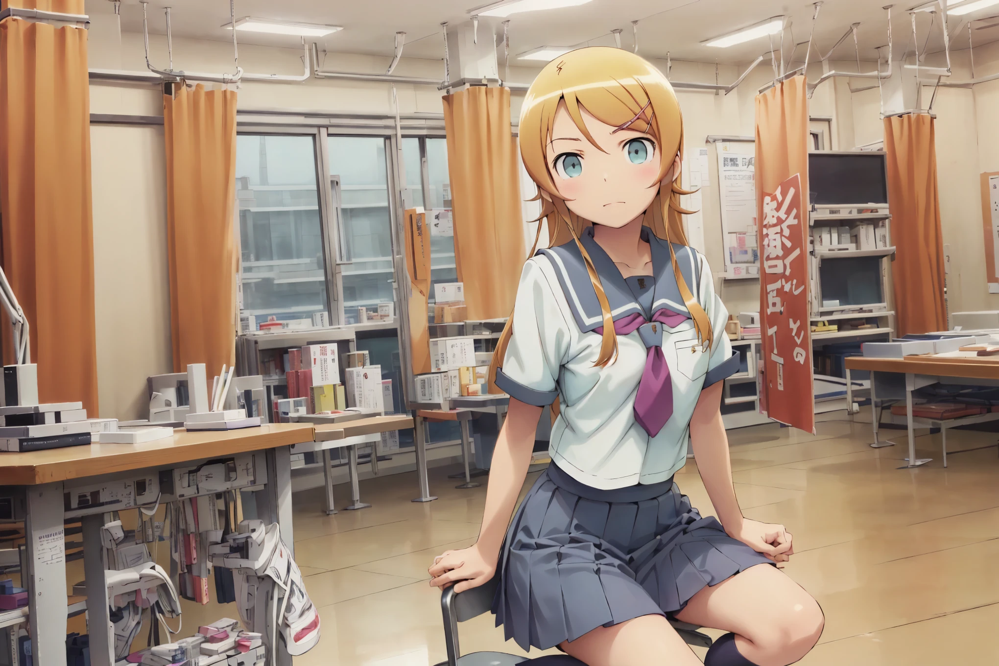 aakirino, long hair, hairclip, school uniform, grey sailor collar, purple neckerchief, white shirt, short sleeves, pleated skirt, grey skirt