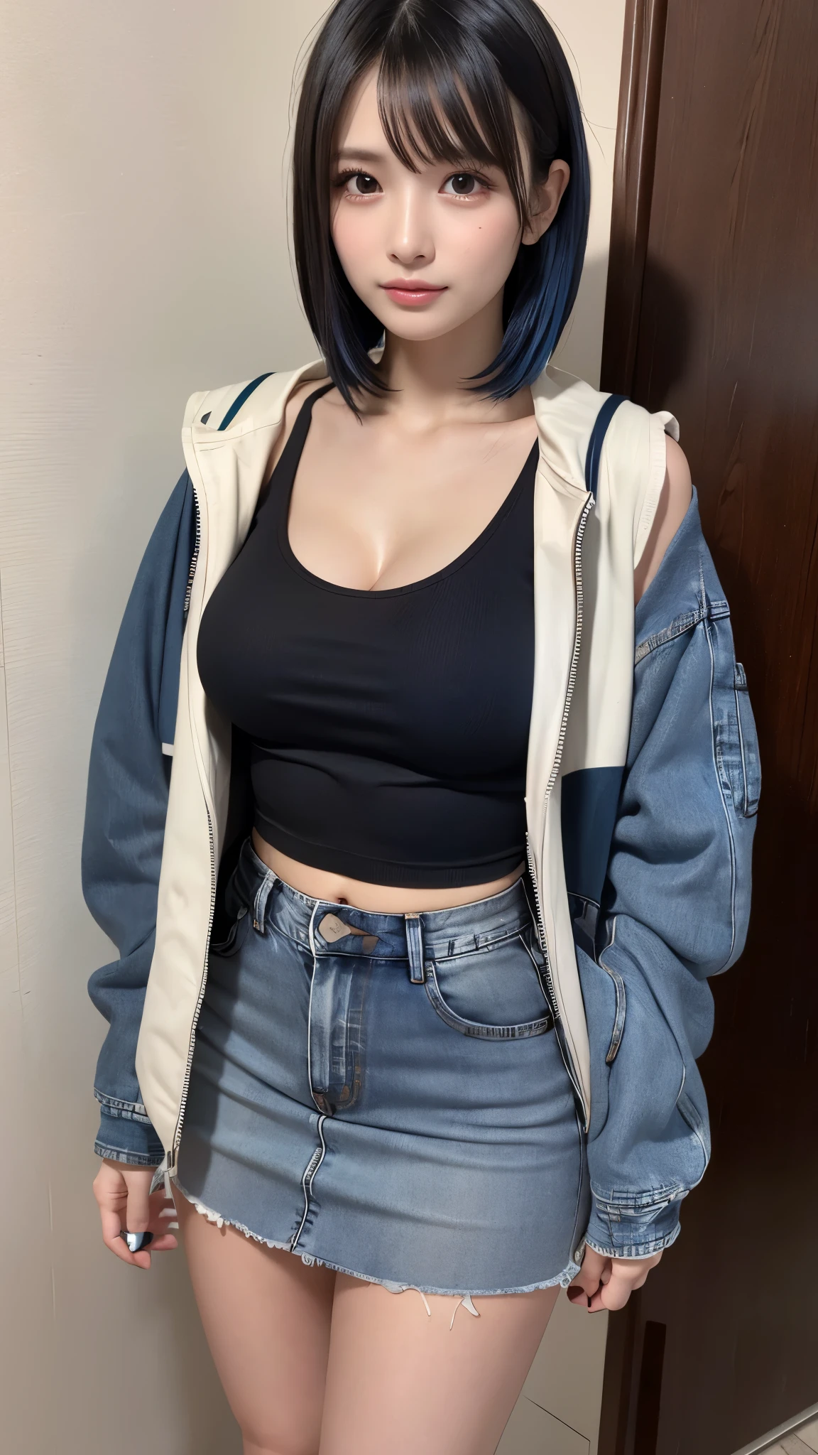 Anime cute girl taking a selfie in a mirror in a bathroom, taken in 2 0 2 0, cropped shirt with jacket,