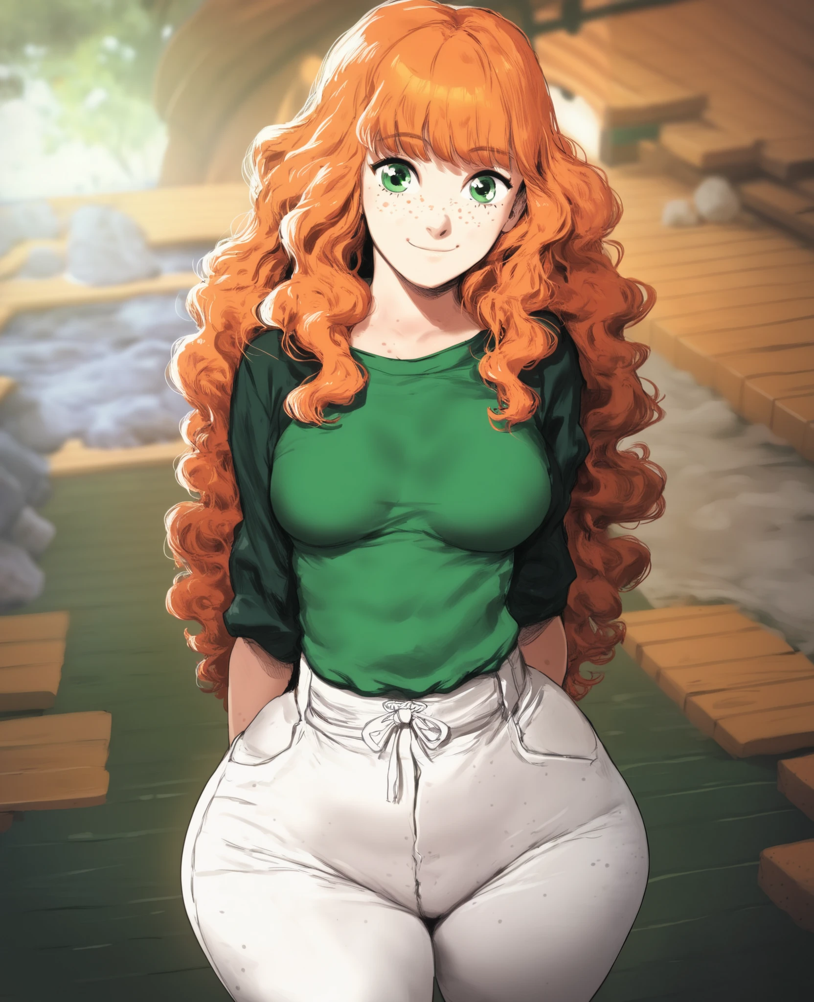 ((Cute short girl,short girl,ginger long middle-wavy hair,orange long ginger hair,green eyes,full bangs,long hair,freckles,light-fair skin,wearing dark-green top,white pants,wide hips,little breasts)),(((Background of japanese house,stand,normal mood,front view)))