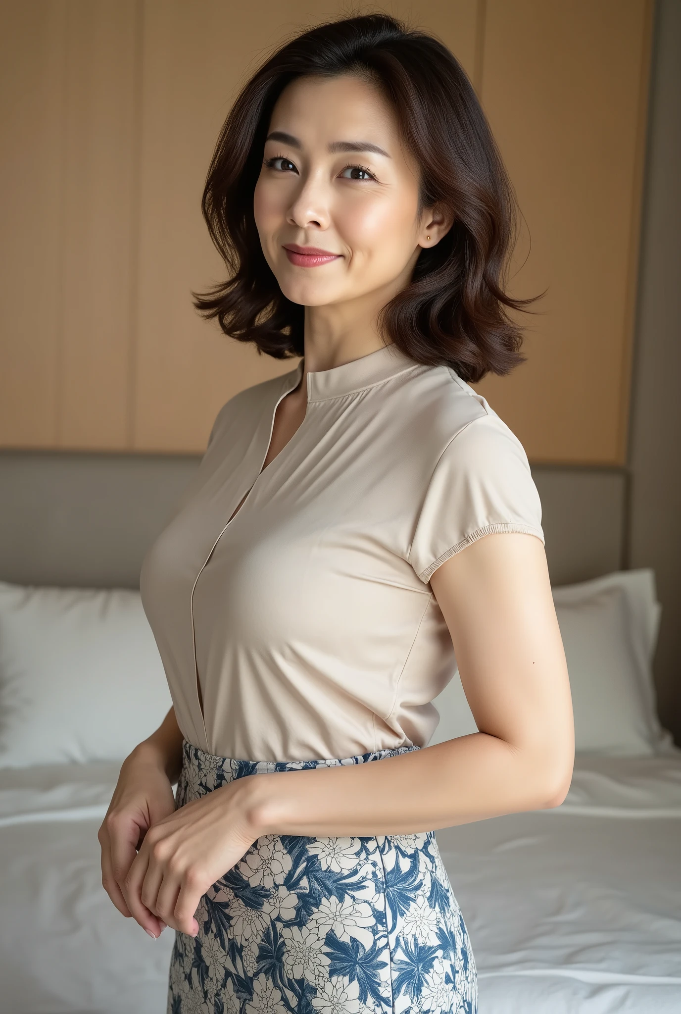mature woman、 Japanese 、48 years old (Mature Beauty: 1.5)、A gentle, bewitching smile 、( nasolabial folds :1.4)、 Natural Aging 、Warm Eyes 、(** wavy hair**:1.3)、 Soft , Natural wrinkles 、 clean skin (1.4)、 sharp concentration 、 high definition 、 tall Highly detailed (1.4)、 Unmatched Beauty live venue with bedroom in the background 、(Eye Makeup:1.3)、 ( lipstick :1.2)、( eyeshadow)、( mascara)、((( J-cup big breasts :1.3 )))、 serious expression 、 kind expression、 perfect feminine body line 、 beautiful posture to stand gracefully 、 Realistic and Realistic (1.4)、Masterpiece、 top quality、 is written in depth、 Physically Based Rendering 、 charming atmosphere、(((stand-up collar blouse)))、(((point: Shooting from the knee to the head )))、(( Printed pencil skirt with a length that hides tight knees)) background: ベッドルームをbackgroundに。 pose:((( In the bedroom,、 plump、45-year-old woman)))。((( serious expression 、 kind expression:1.3)))