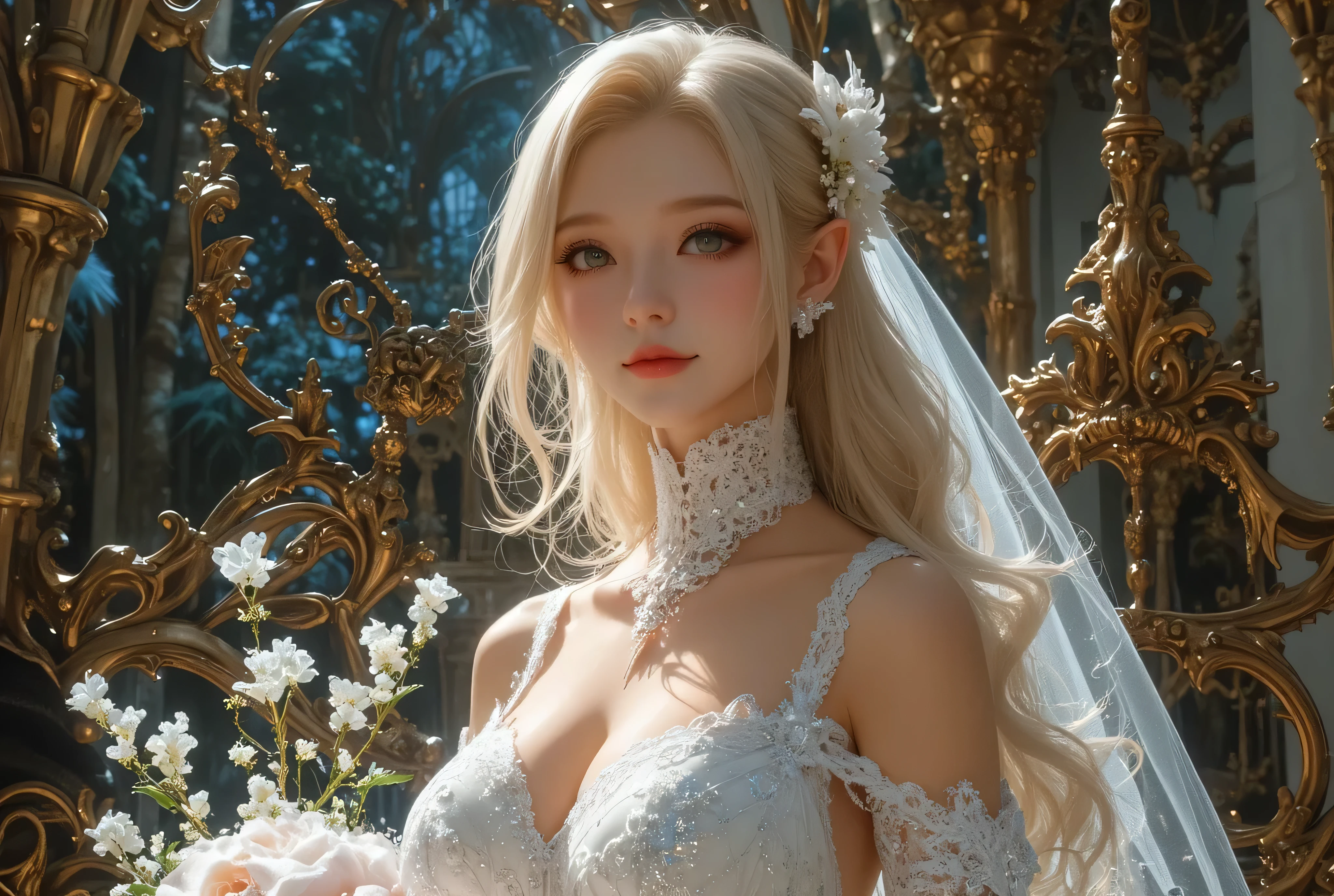 (highest quality, High resolution, Realistic:1.2), Dramatic lighting, Oil, Detailed skin texture, Long flowing hair, Elegant pose, Bright colors, Fine brushwork, Portraiture, Realistic makeup, Strong gaze, Delicate features, Complex background, Professional illustrations、((Lace fabric 1.5)))、Small breasts 1.5、(((White see-through dress 1.5)))