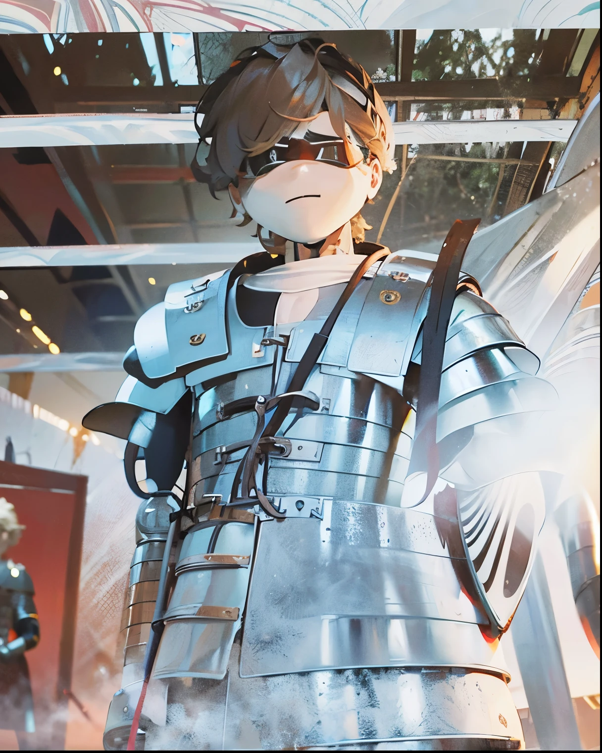 Murder drones, boy, body muscular hair black, armor Colosseum 
