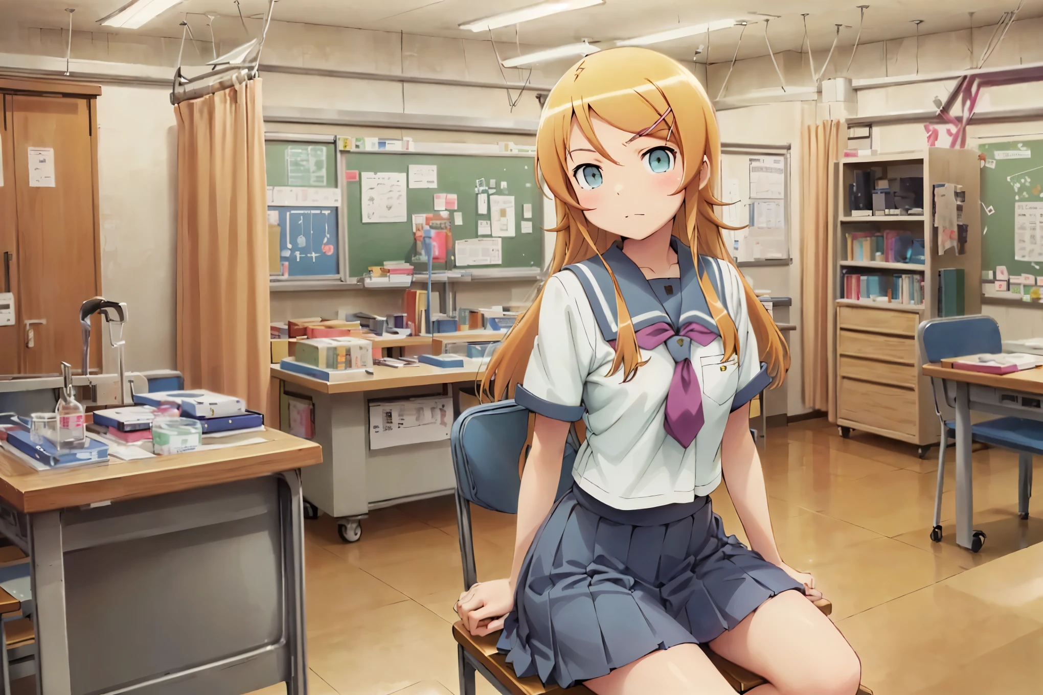 aakirino, long hair, hairclip, school uniform, grey sailor collar, purple neckerchief, white shirt, short sleeves, pleated skirt, grey skirt