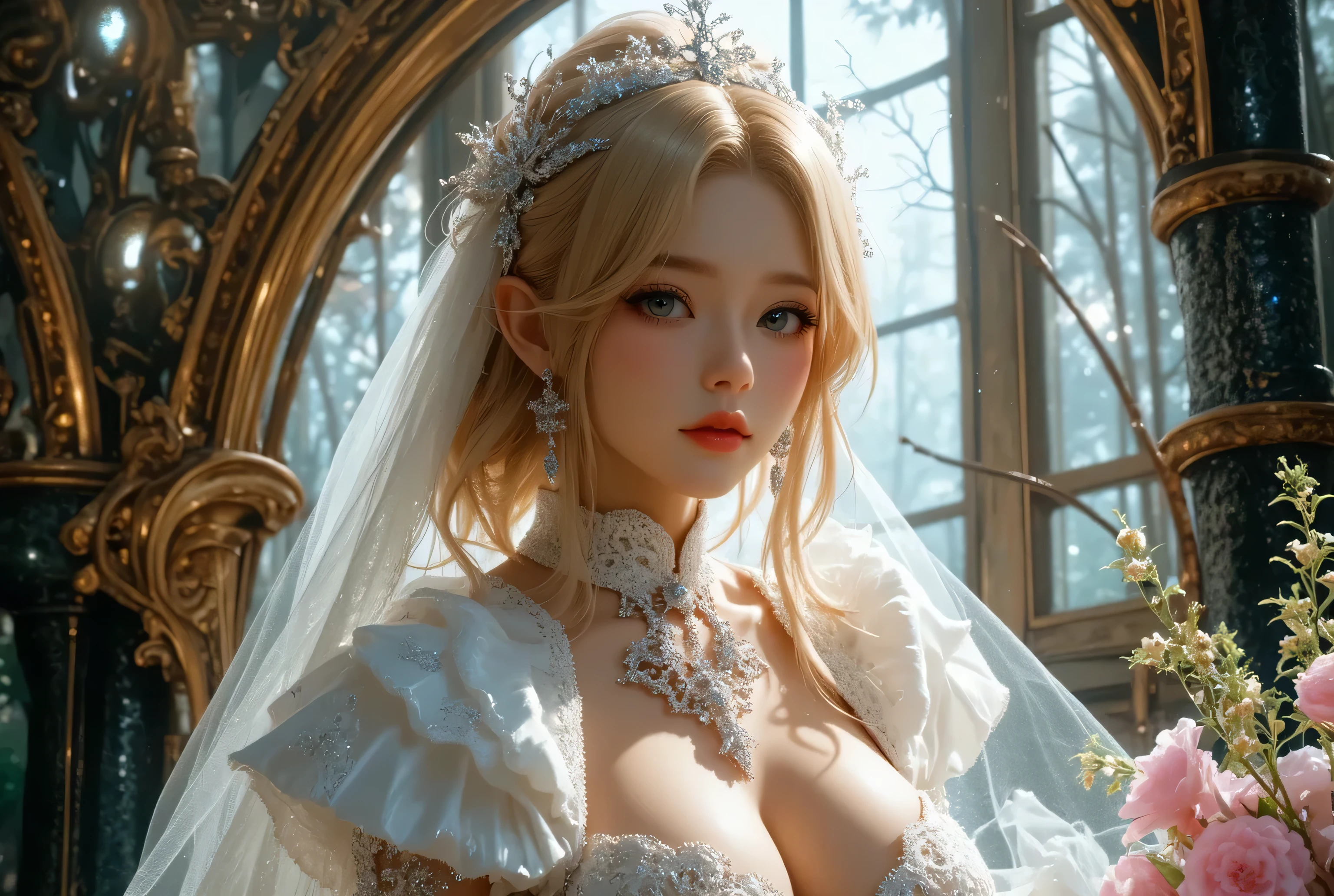 1girl, looking at viewer,
upper body, 3D, realistic,
large breasts, excessively frilled princess dress, draped clothes, jewelry, ornament, flower, lace trim,
masterpiece, best quality, 8k, detailed skin texture, detailed cloth texture,  beautiful detailed face, intricate details, ultra detailed,
rim lighting, side lighting, cinematic light, ultra high res, 8k uhd, film grain,best shadow, delicate, RAW