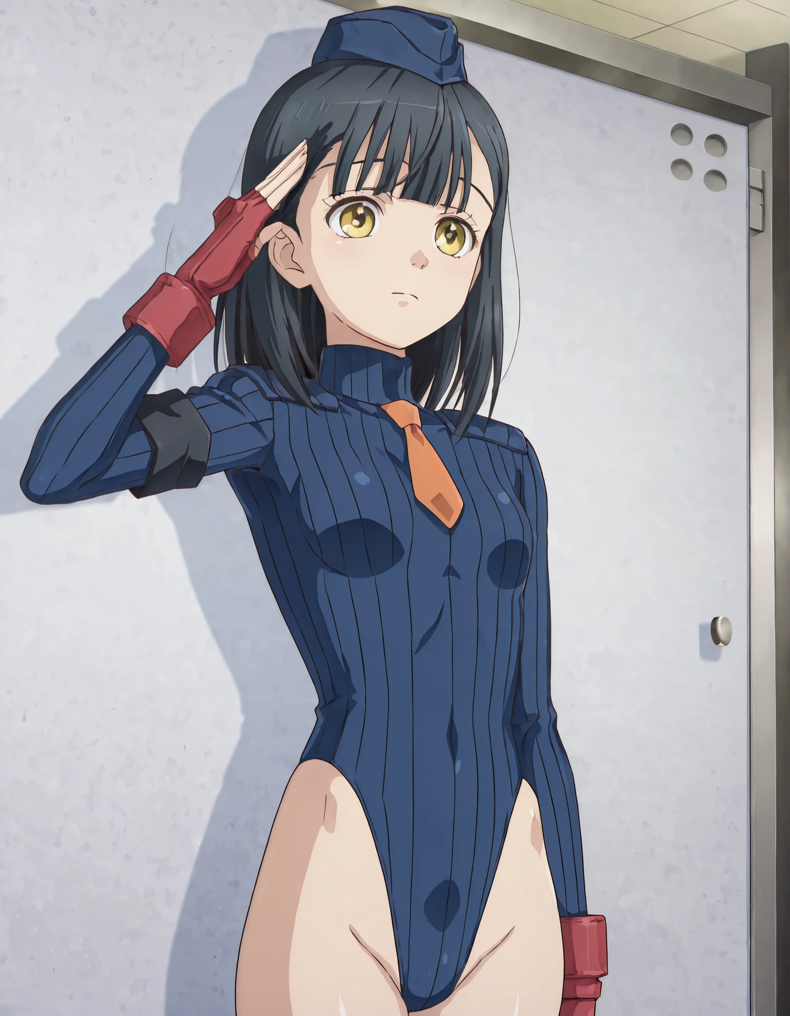 ultra-detailed, Explicit, Beautiful body, Beautiful Nose, Beautiful character design, perfect eyes, perfect face, ultra highres, 4K, beautiful legs, perfect legs, Nice hands, Perfect hand, Masterpiece, Best Quality, Highly detailed, illustration, absurdres, perfect anatomy, street fighter, doll suit, shadaloo doll, dollsuit, expressionless, blank eyes, looking at viewer, red gloves, emotionless, black latex, corrution, mind control, female combatant, full body, hypnotized, unhappy trance, full body suit, ribbed bodysuit, both arms at side, obey, perfect female body, extremely glossy latex, hypnosis, hypnoLora, empty eyes, Mind control device, poses, submissive_pose, Slave, standing straight, standing, standing at attention, hat, necktie, belt, latex, ribbed bodysuit, thighhighs, garter belt, Fighting Stance, extending the right arm from the shoulder into the air with a straightened hand, military, thigh boots, hair ornaments, black hair, short hair, green eyes, (((pixel-perfect, detail-perfect))), solo, 1girl, {kohinata_miku_senkizesshousymphogear:0.8}, Kohinata Miku ShenShoujing, Senki Zesshou Symphogear, bangs, ribbon, hair_bow, hair_ribbon, salute, saluting, military saluting
