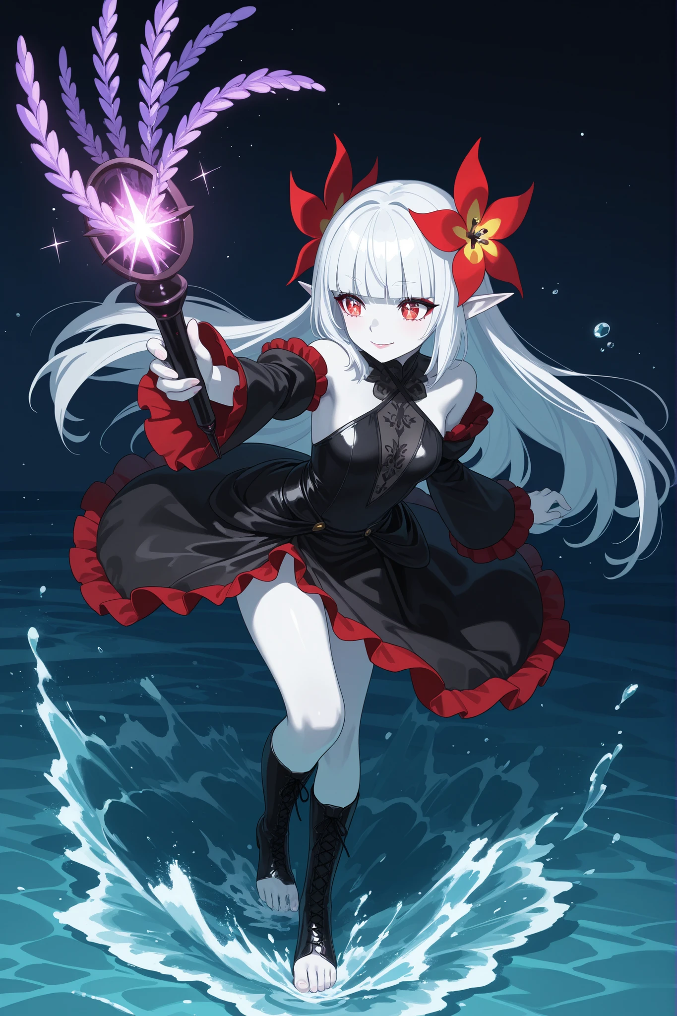(Ultra-detailed face, Looking away, Gothic Illustration, Dark tone colors. She has five fingers on her hands and five toes on her feet.), BREAK 
(The bottom of the sea where the light reaches the sun. The composition looks down on the surface of the sea from above at an angle. The surface of the sea reflects the glistening light of the sun.), BREAK 
(A young female dark elf wizard, in a daring pose and gesture, holds her magic wand above her head with both hands and dives into the water with great force, landing on the ocean floor. The surface of the sea warps to the underwater side as if a meteorite had fallen, leaving a huge hole, splashing waves, and water plumes high in the air.),  BREAK 
(The dark elf woman has white hair, white eyebrows, blunt bangs, shoulder-length hair, small pink lips, sparkling lavender eyes, clear white skin, and thick eyeliner. A fearless smile.), (She wears a jet-black ribbon tie and a short, draped, jet-black, svelte lace-up dress with dark red lace ruffles and embroidered yellow dragonflower patterns. She wears black leather boots with a black leather fold over.)