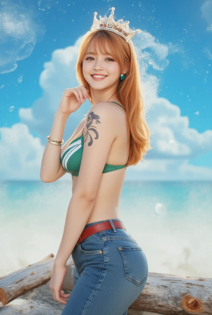 Woman in swimsuit standing。top-quality。8k、The best smile