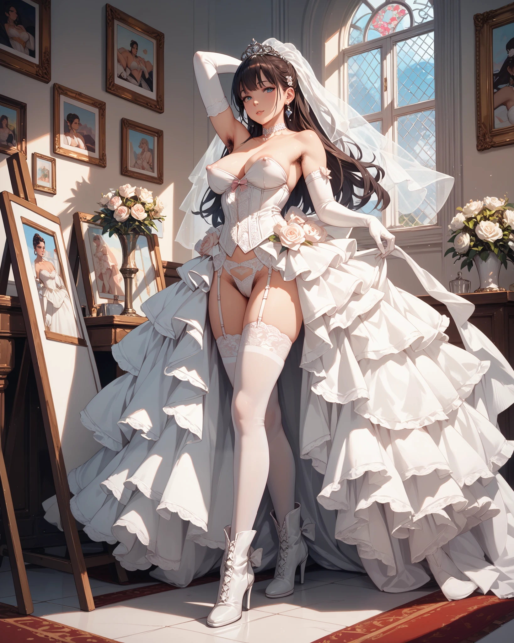 masterpiece, super fine illustration, best quality, light particles, ultra-detailed, 8K wallpaper, (bright colors:1.2), solo, (a girl), medium breasts, (black long hair:1.2), straight hair, shiny hair, shiny skin, delicate line tailed face, (wedding veil, white corset, white lace legwear, nipple, white wedding grove, church, many stained glass window:1.3), orgasm face, extremely beautiful blue eyes, shiny eyes, closed eyes, arched back, orgasm face, O-face, blush cheeks, arched back, (vaginal penis), (a man), hetero, (lying), under boob, (girl spread legs:1.4), (intense Sex:1.7), (cum out:1.2), nsfw,