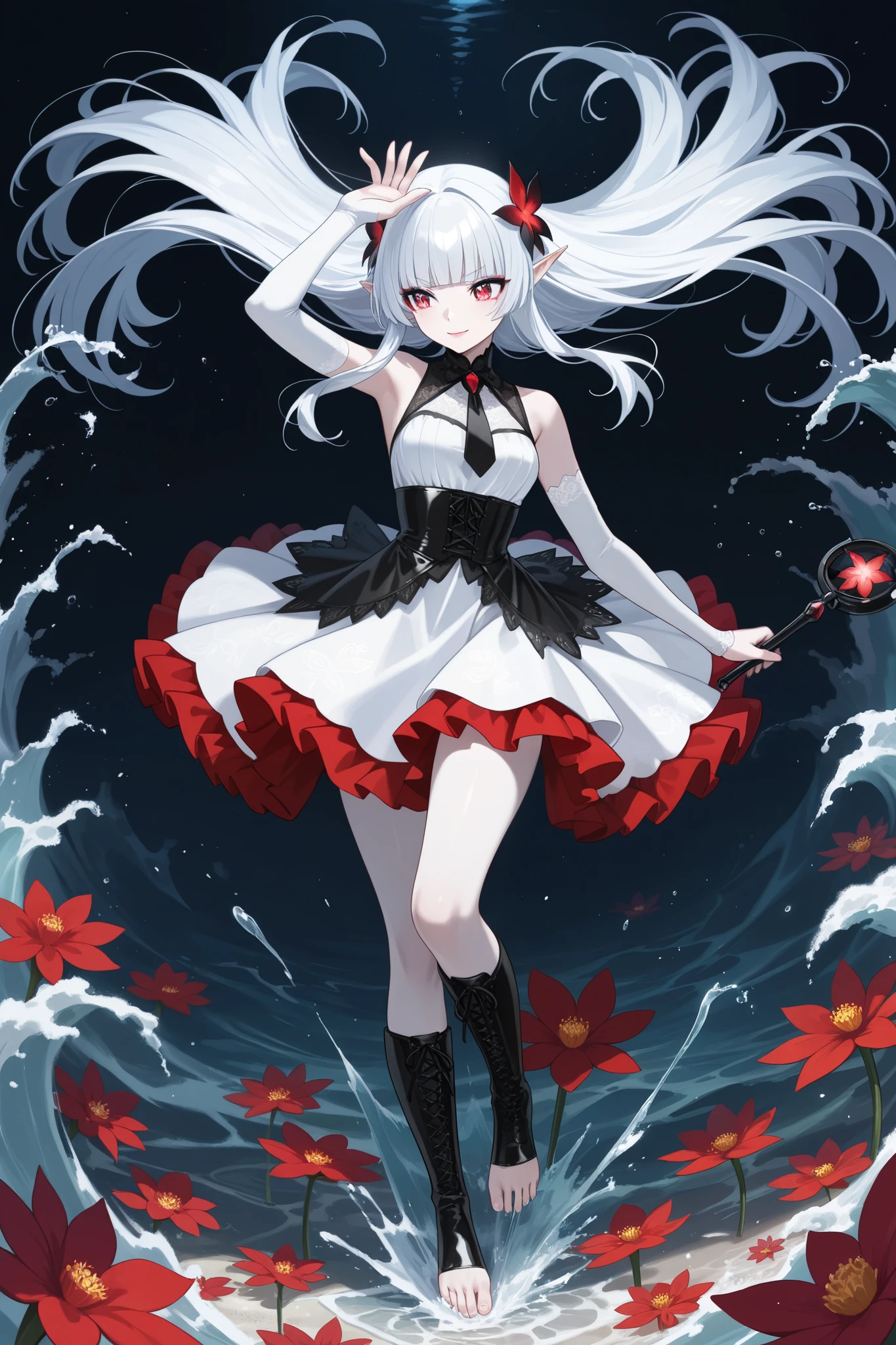 (Ultra-detailed face, Looking away, Gothic Illustration, Dark tone colors. She has five fingers on her hands and five toes on her feet.), BREAK
(A very large daytime ocean. The composition looks down on the surface of the sea from above at an angle. The surface of the sea reflects the glistening light of the sun.
), BREAK
(A young female dark elf wizard, in a daring pose and gesture, holds her magic wand above her head with both hands and dives into the water with great force. The surface of the sea warps to the underwater side as if a meteorite had fallen, leaving a huge hole, splashing waves, and water plumes high in the air.), BREAK
(The dark elf woman has white hair, white eyebrows, blunt bangs, shoulder-length hair, small pink lips, sparkling lavender eyes, clear white skin, and thick eyeliner. A fearless smile.), (She wears a jet-black ribbon tie and a short, draped, jet-black, svelte lace-up dress with dark red lace ruffles and embroidered yellow dragonflower patterns. She wears black leather boots with a black leather fold over.)