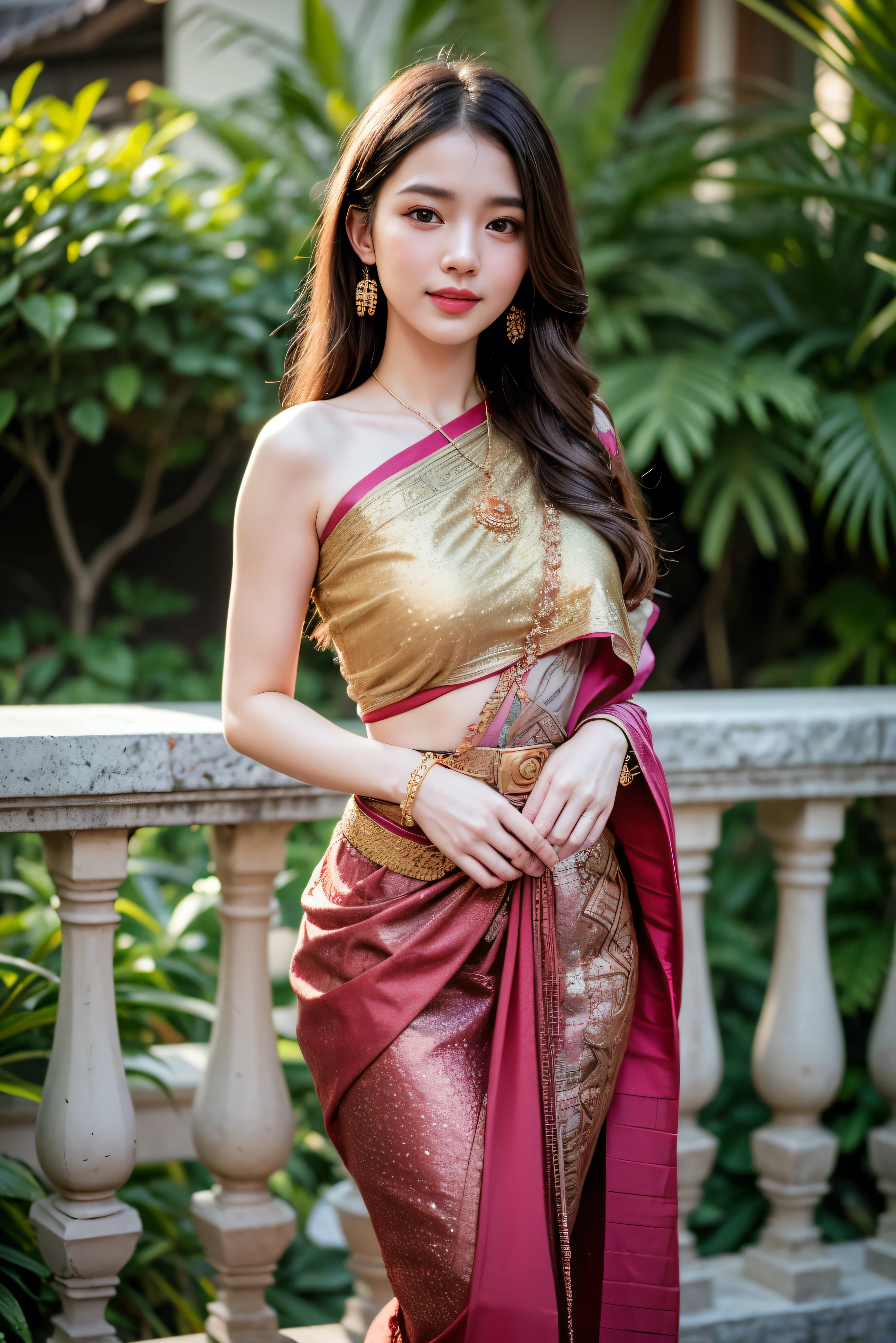 Detailed face, clear face, beautiful girl, Asian style makeup, red lips, brunette hair, very long hair, super long hair, crown, medium body, big breasts, super big breasts, Thai traditional costume, antique, sexy midi dress, purple dress, HD, full body, afternoon light, Thai temple background, right shoulder showing, left shawl, (random body orientation), hands clasped in front of body,