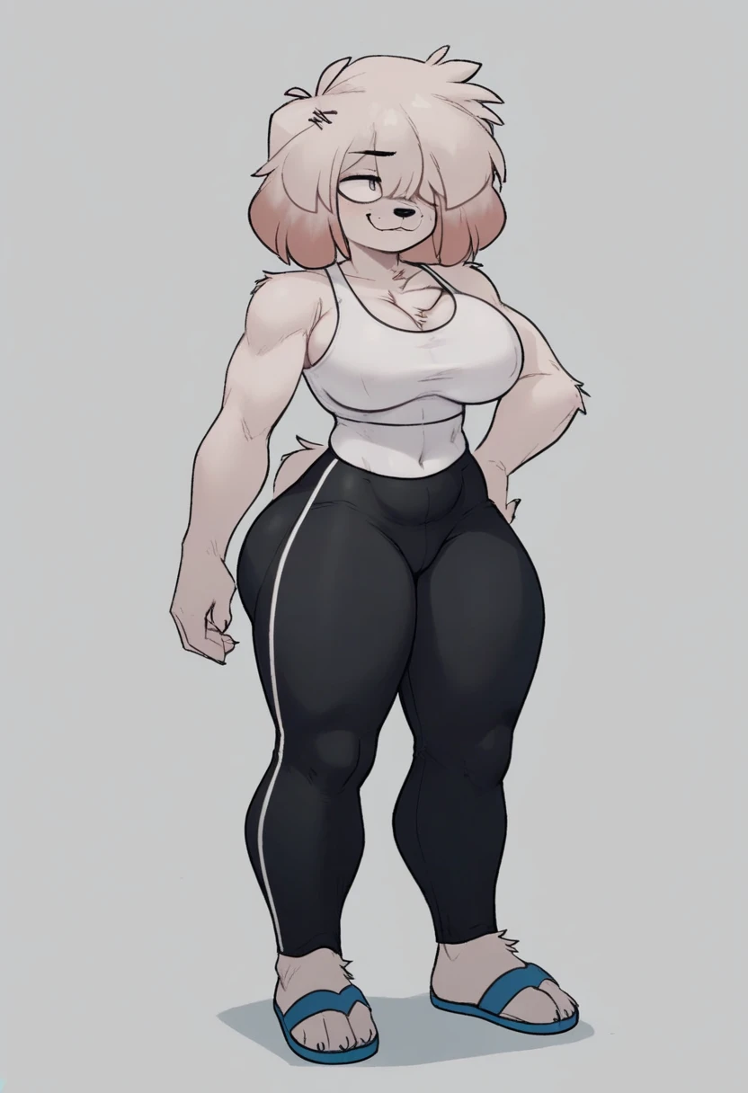 Maned white fennec fox, female, sports bra, panty, nipple outlines, frustrated, blushing, thick thighs, wide hips, small waist, tall, busty, cleavage, (anthro furry:1.3, snout:1.2, anthro:1.3, furry:1.2, female:1.2, maned white fennec fox tail) adorable, feminine, extremely detailed, 3d, Cinematic, captivating, red eyes, full body, exposed feet, large fennec ears