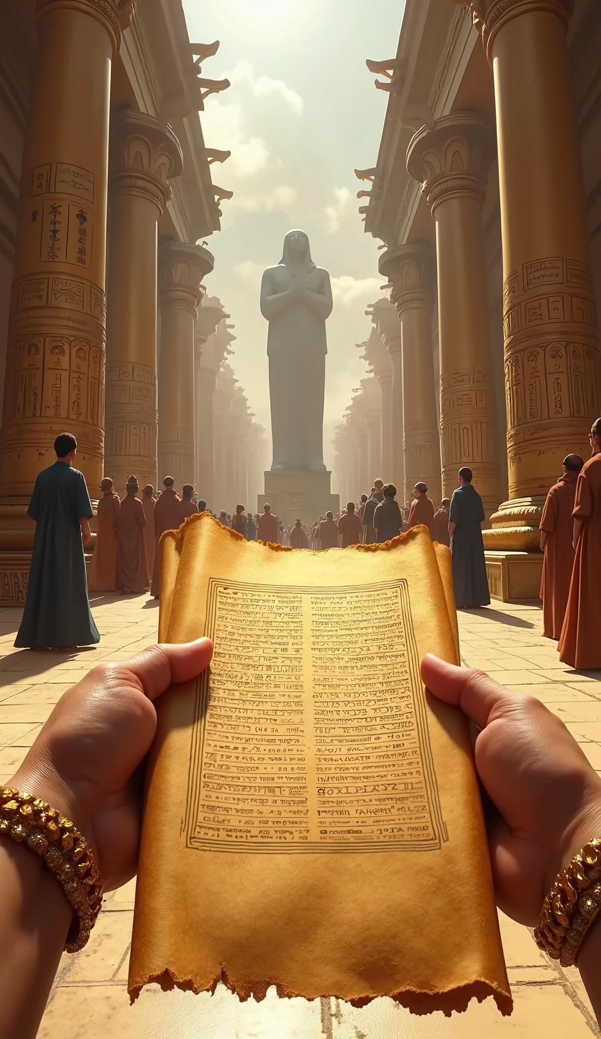 The image depicts a scene in a large Egyptian-style hall, seen from a first-person perspective. Lens In the foreground, two hands adorned with gold bracelets hold or support a large scroll filled with hieroglyphics. The scroll seems ancient, with a yellowish tint and wear marks.

In the background, the hall is supported by tall columns, also covered with hieroglyphics and ornate paintings. Natural light enters through the upper opening, forming clear bundles that partially illuminate the environment. Several people wearing tunics and costumes typical of Ancient Egypt are gathered, some standing, others kneeling , creating the impression of a solemn ceremony or audience.  Deep down , you can see the silhouette of a large statue, reinforcing the majestic atmosphere of the place.

The set conveys a sense of historical importance and reverence, as if the moment portrayed were an act official or religious, in which the scroll plays a fundamental role.