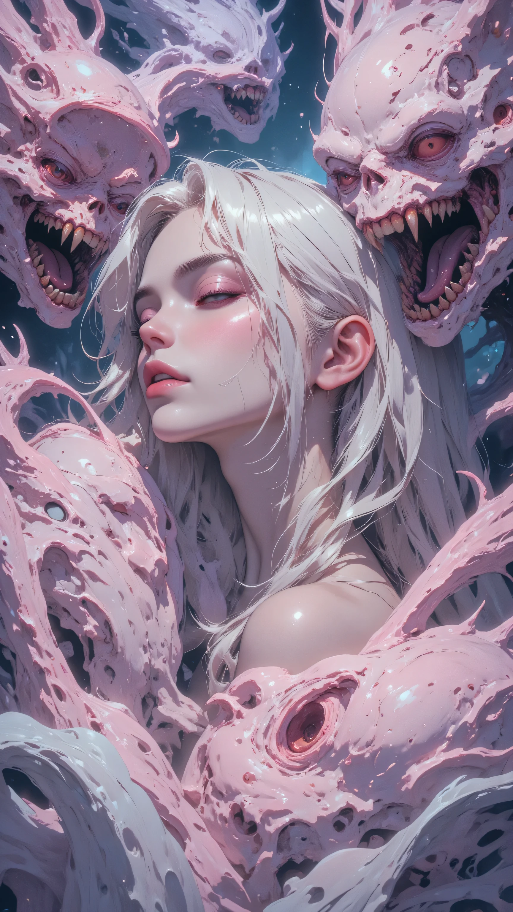 8k, masterpiece, highest quality, High-angle, pale, blonde, hair, closed eyes, parted lips, porcelain-like, rosy cheeks, serene, amorphous, pastel, creatures, grotesque, faces, open mouths, sharp teeth, organic, swirling, clouds, soft pinks, purples, pale blues, dreamlike, unsettling, smooth, ethereal, dark, fantasy, surrealism, horror.