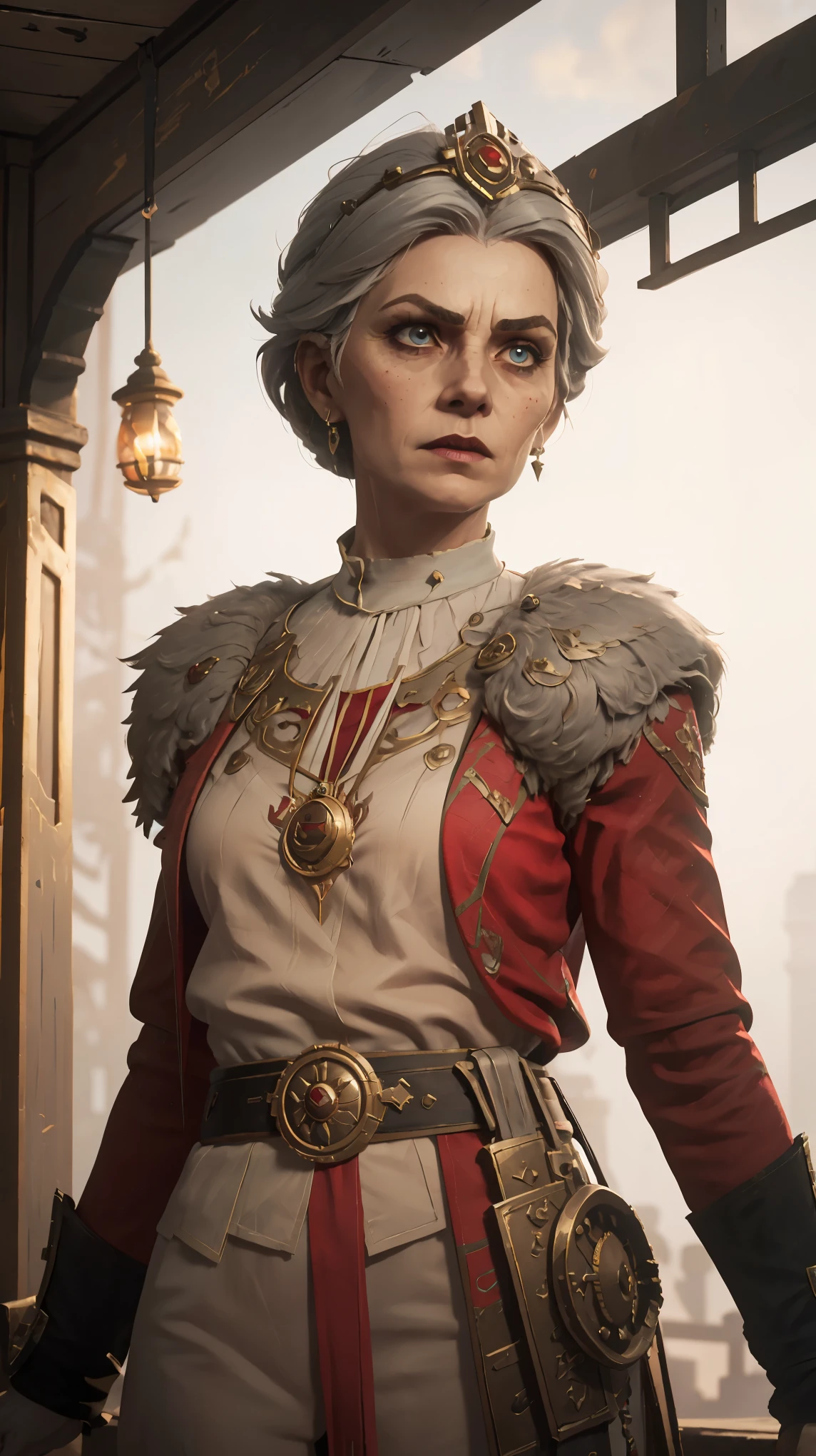 professional photo of an empire administratum noblewoman, old wrinkled woman, pale, beauty spots, ulrika, perfect eyes, wearing white an red noble clothing, upper body shot low lighting, moody, large depth of field, warhammer 40k, deep depth of field, highly detailed, plain white background, (bright, good lighting, bright frontal light), three quarter shot, frontal image, standing in gothic style office, looking to right, (upper body portrait), si-fi communication device on belt and lasgun on hip