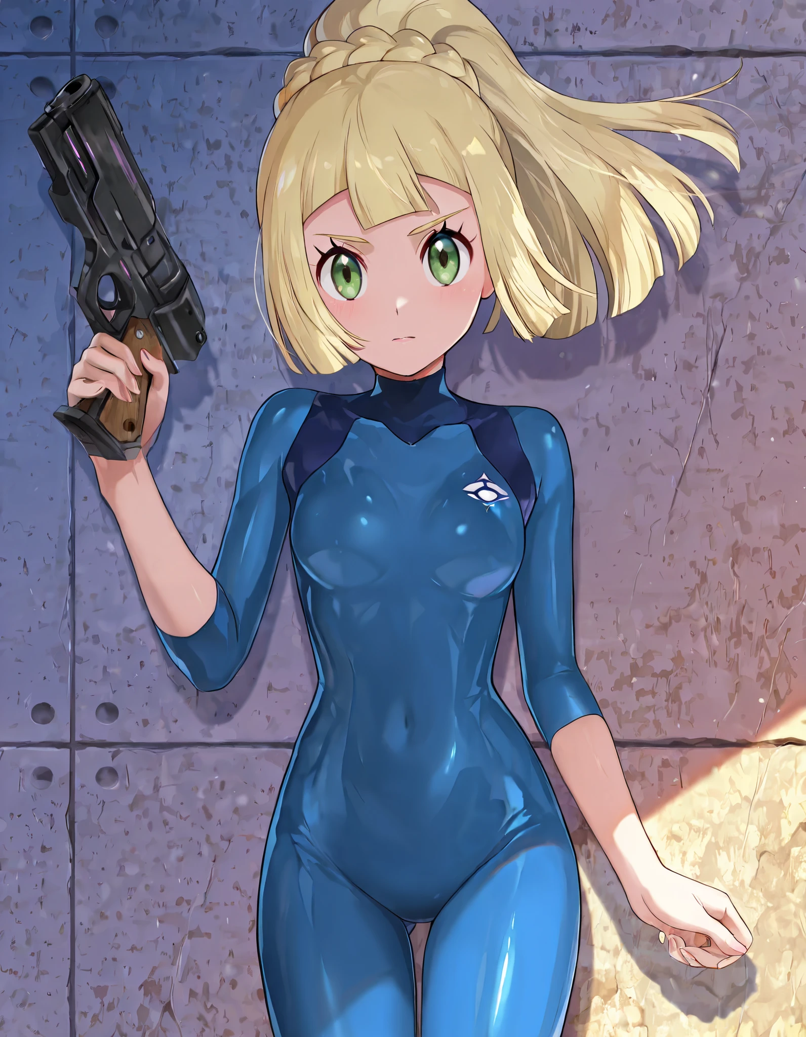 absurd, (absurd_resolution), masterpiece, best quality, (best illustration), (best shadow), ultra-High resolution, score_9, score_8_up, score_7_up, BREAK source_anime, 1girl, solo, shiny skin, perfect eyes, anime style, beautiful detailed eyes, anime_coloring, anime_screencap, lillie (pokemon), long hair, ponytail, braid, blunt bangs, green eyes, blue bodysuit, gun,