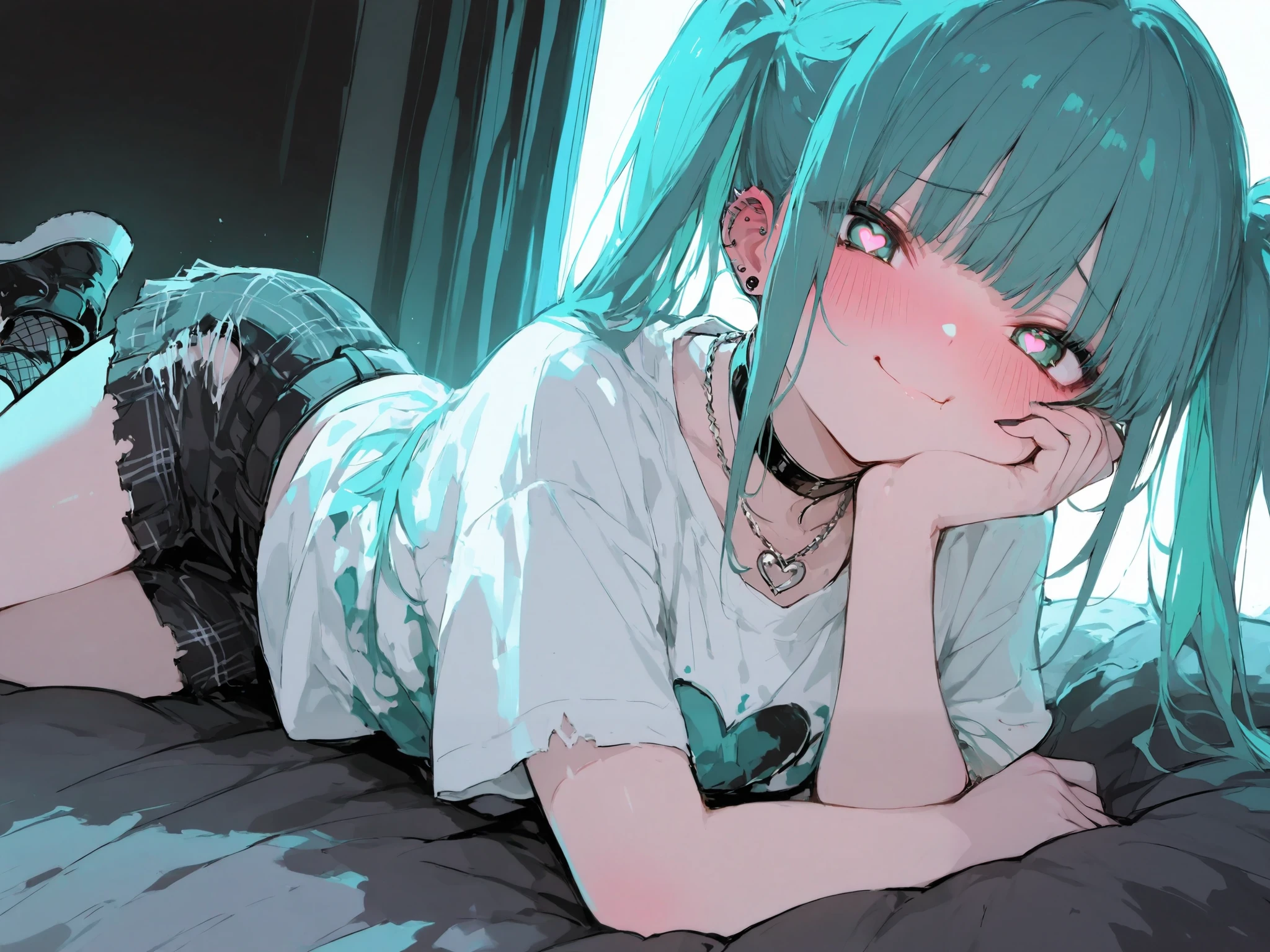 illustration, best quality, dramatic lighting, 00118_illu,r17329_illu,Cute,aiu,teal twin-tails, mischievous expression, choker necklace, heart-shaped pupils, full body,piercings, grunge style, black nails, blushing cheeks, ripped t-shirt with heart print, playful and edgy, detailed shading, punk aesthetic, soft lighting, vibrant colors, intense gaze,