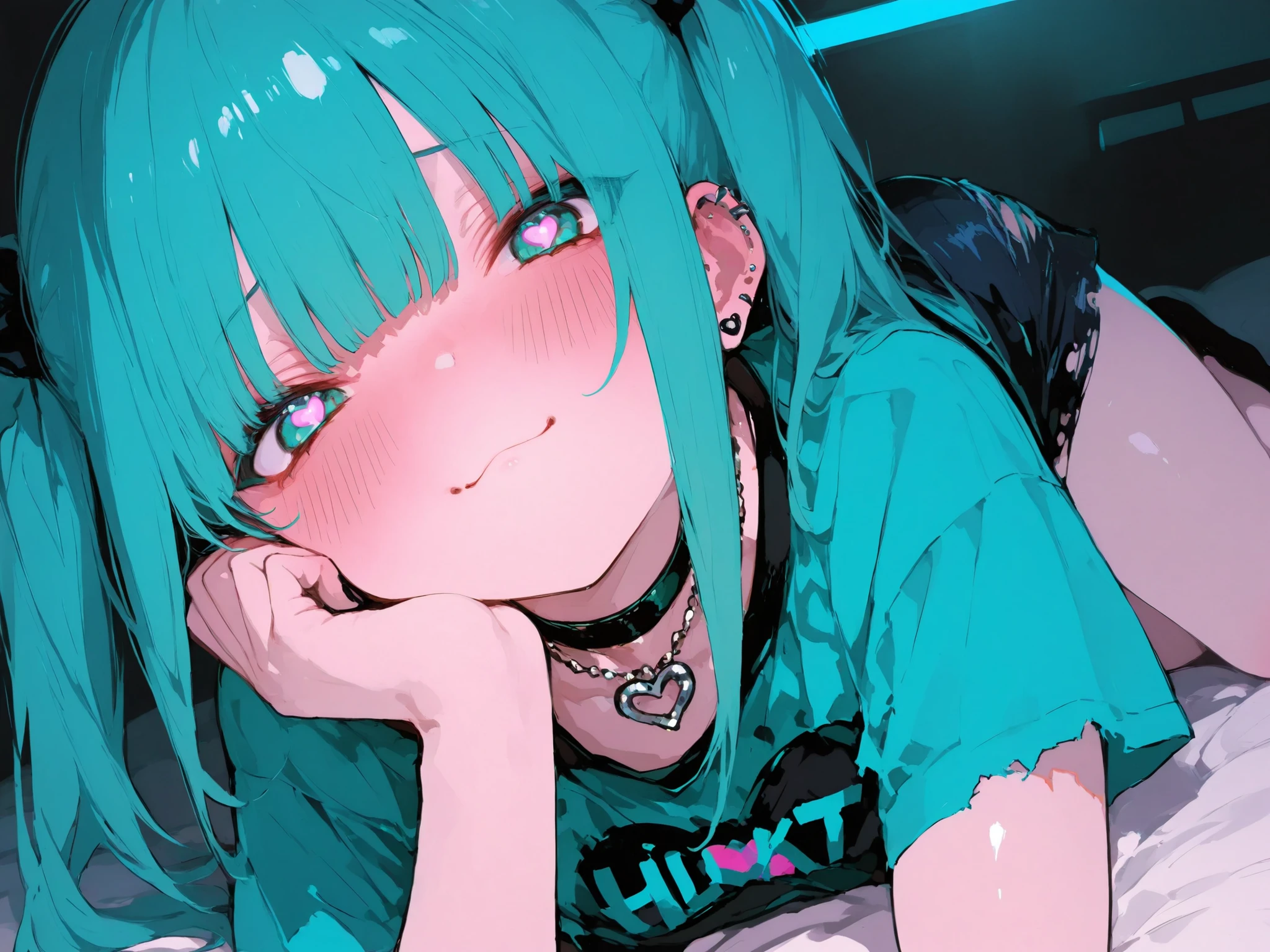 illustration, best quality, dramatic lighting, 748cmstyle,0__11Xx_illu,Cute,aiu,teal twin-tails, mischievous expression, choker necklace, heart-shaped pupils, full body,piercings, grunge style, black nails, blushing cheeks, ripped t-shirt with heart print, playful and edgy, detailed shading, punk aesthetic, soft lighting, vibrant colors, intense gaze,