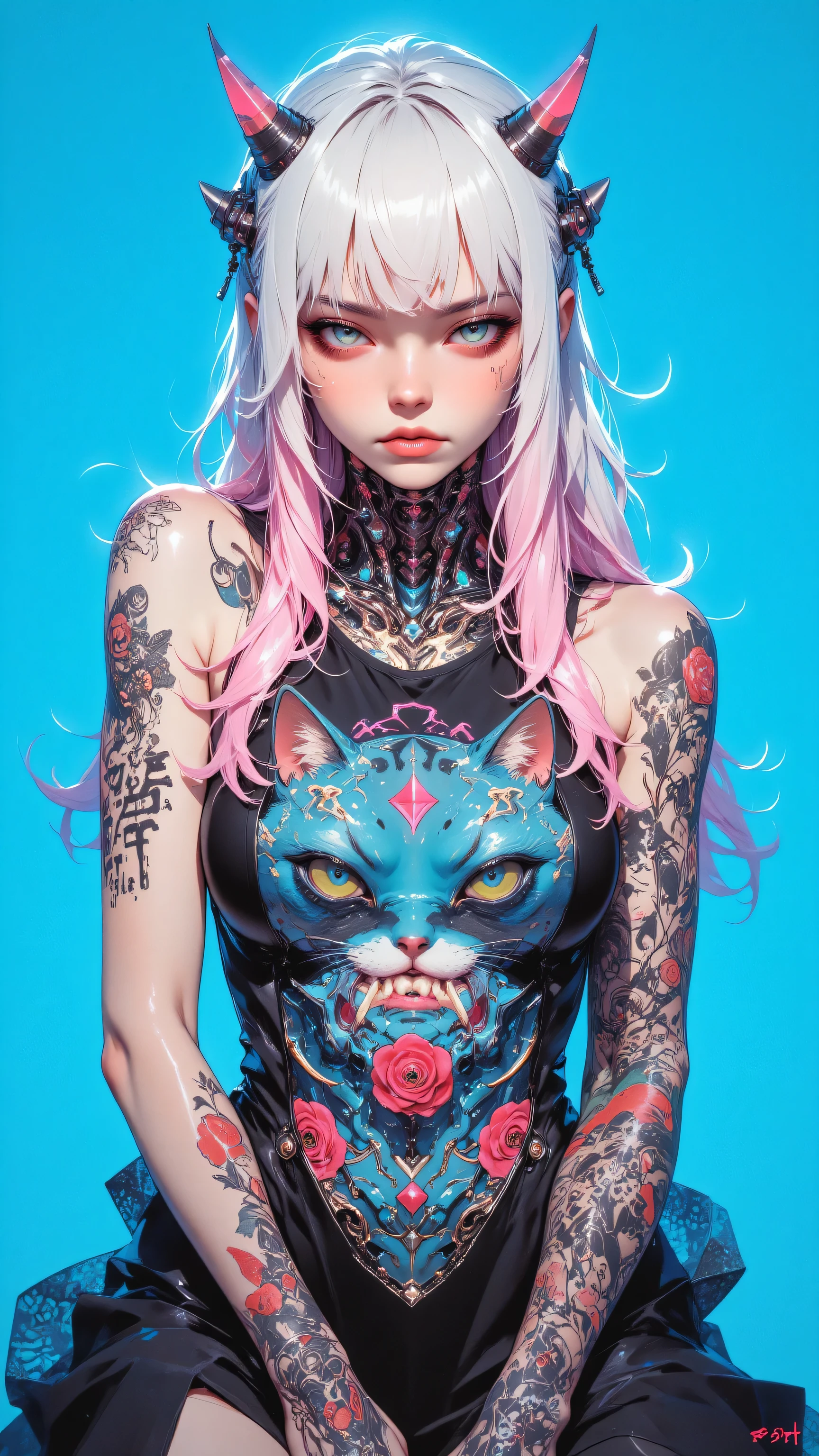 8k, masterpiece, highest quality, Close-up, frontal, female, long white hair, pink highlights, blunt bangs, devil horns, blue eyes, pale skin, serious expression, neck tattoos, arm tattoos, floral motifs, animal motifs, sleeveless top, cat face design, bright blue background, Japanese characters.