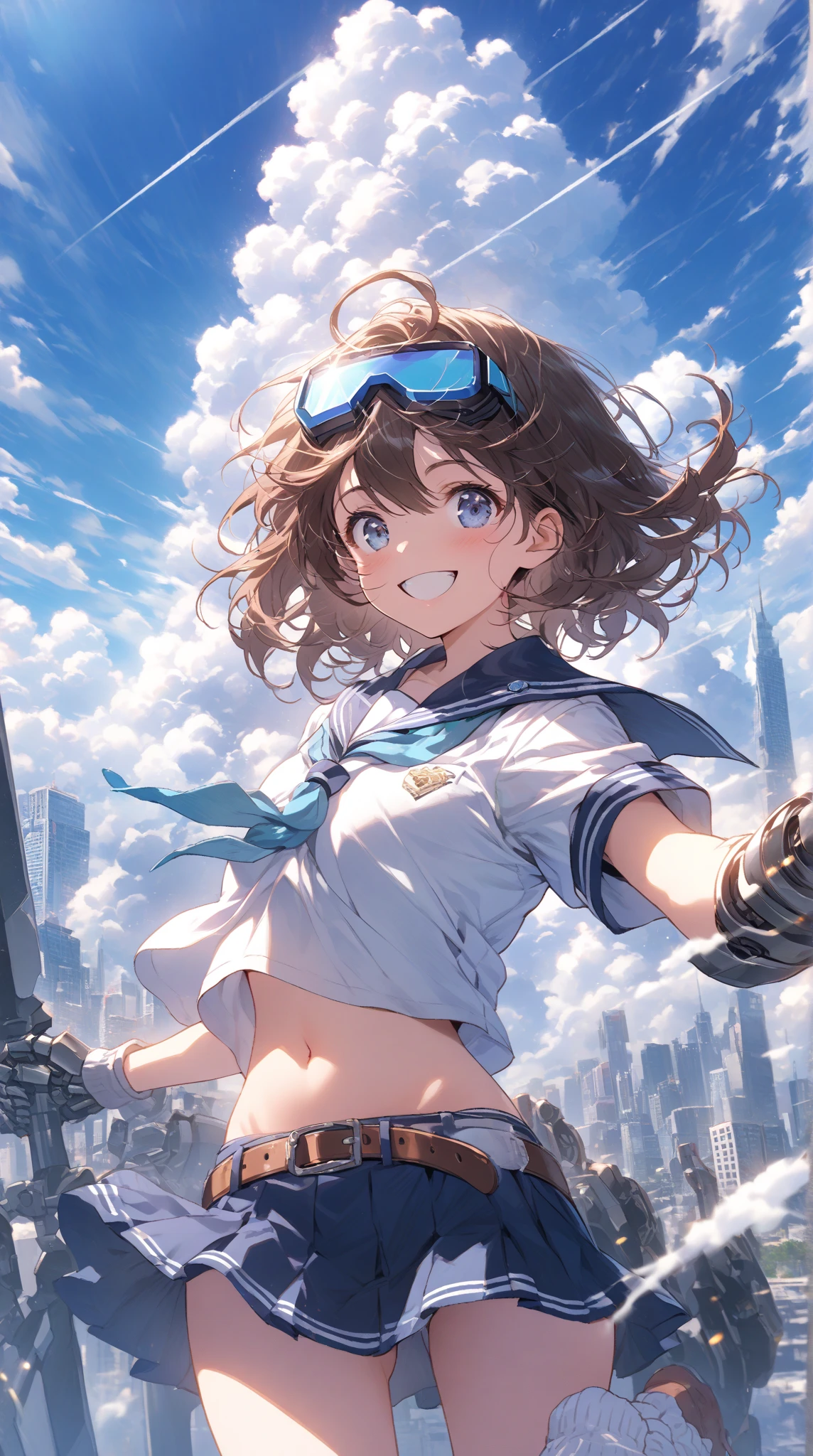 highest quality, masterpiece, Wallpapers by Unity 8k, (One Girl) , 17 years old、1girl,、Flat Chest、Short T-shirt、under boob、from below, blue sky、Outdoor