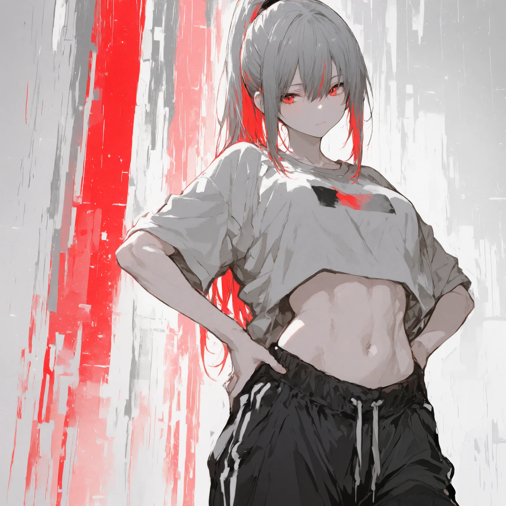 illustration, best quality, dramatic lighting, 00118_illu,r17329_illu,Cute,masterpiece, best quality, 8k, highres, ultra-detailed,HDR, UHD, studio lighting, pastel,anime girl, sporty casual outfit, oversized gray t-shirt, black track pants, high ponytail with red streaks, hands on hips, studio crystal background, confident pose, athletic vibe, minimalistic setting, modern fashion, toned midriff, relaxed expression, monochrome color scheme, simple and stylish, fitness aesthetic, urban style, sleek design, focus on character, anime art style
