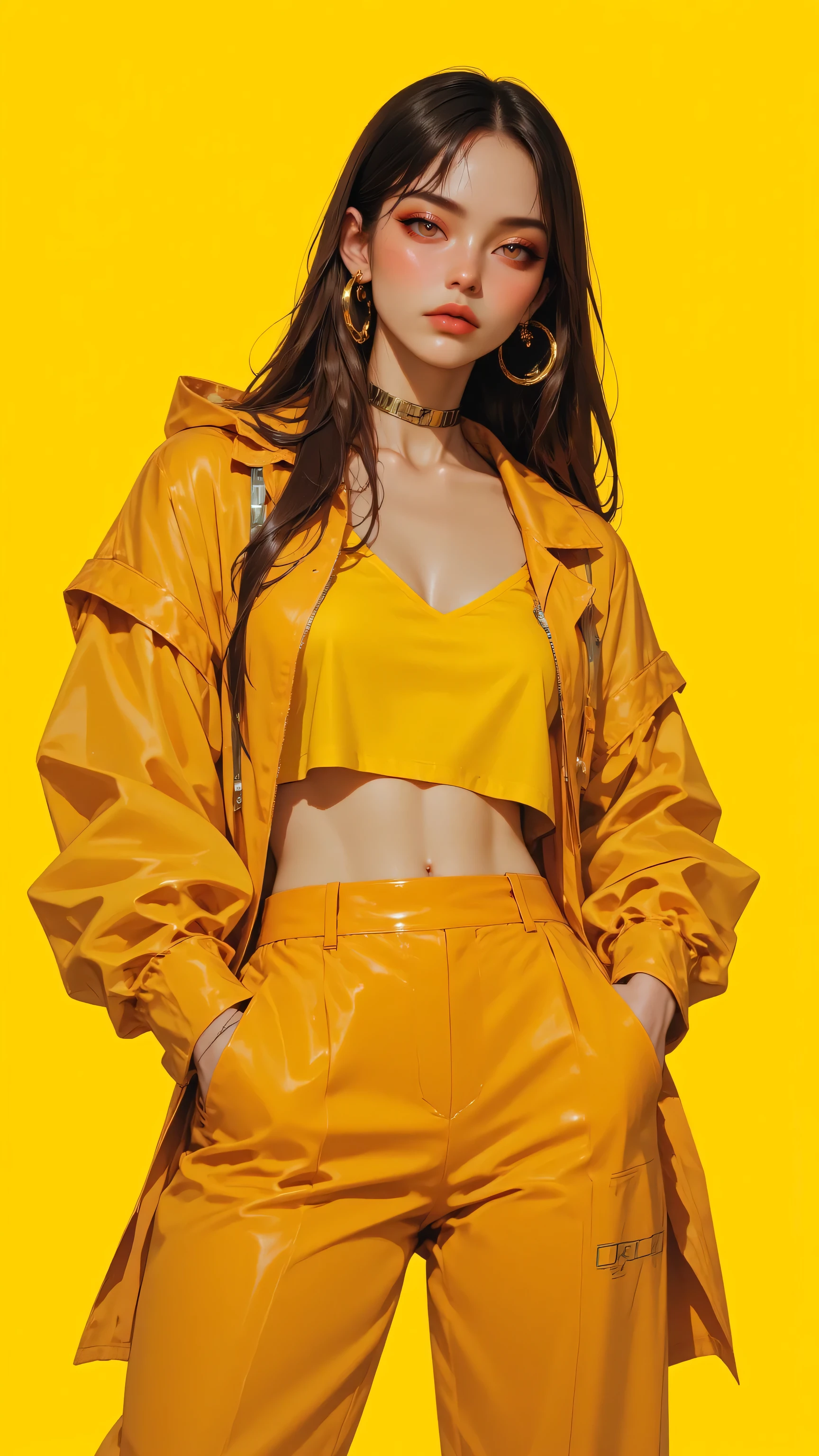 1girl,((closed jacket outfit)) yellow background background,((very beautiful girl)), , ((long eyelashes)), half body, ((big breast: 1.1)), (wearing closed clothes), ((mugshot)), (((sfw)))