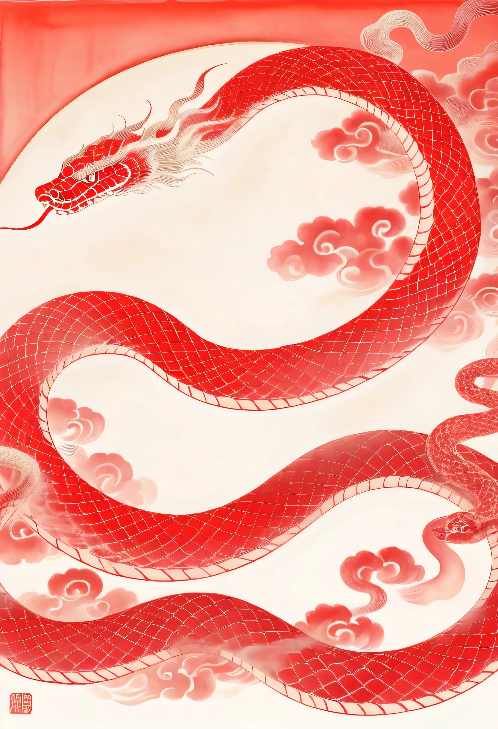 hongshe , red, Traditional Chinese Painting, Ink Painting, Wire, calligraphy, Chinese Ink Painting, Wire, White blonde, snake, a red snake, fiery red auspicious clouds, the shape of the snake is in Wire with the laws of nature, Happy Snake Year , the snake's slender body faces the dragon Likewise, the snake's body is drawn correctly, and the overall picture is beautiful , Full of details.