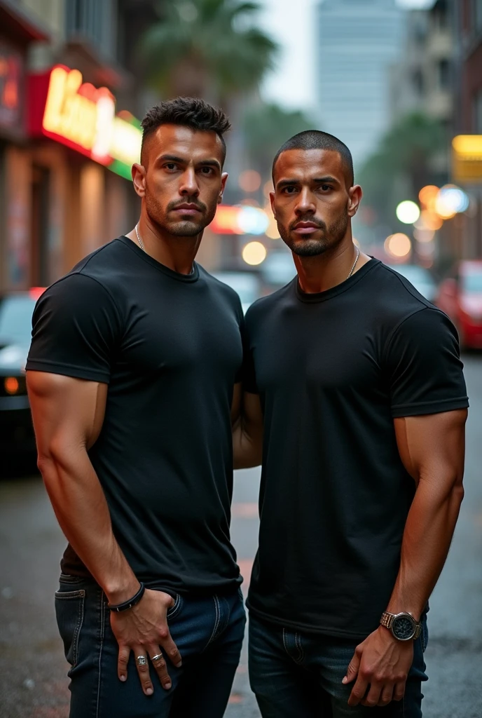 Two handsome men with cute perfect face in black pants without a shirt raising their arms against the wall