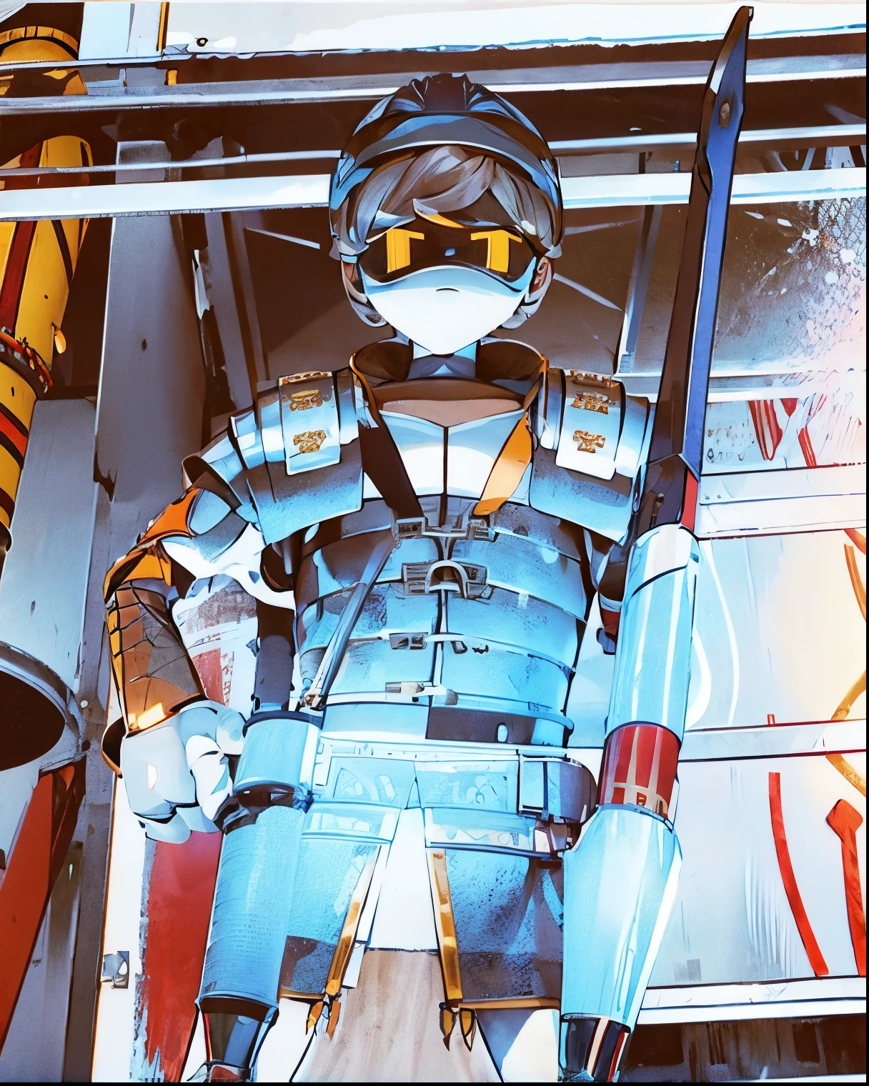 Murder drones, boy, body muscular hair black, armor Colosseum