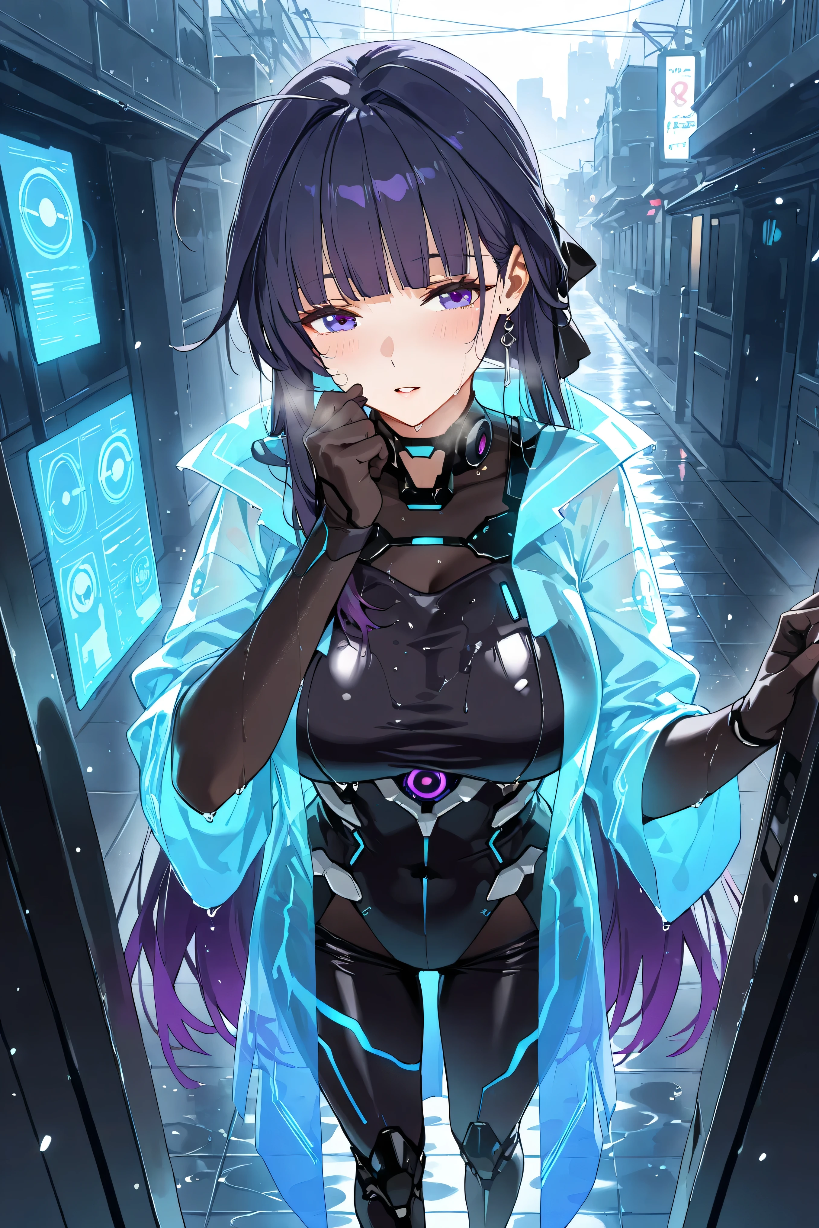 score_9, score_8_up, score_7_up, masterpiece, best quality, very aesthetic, absurdres, tunning image, light particles, attractive image, solo, 1girl, adult grown woman, raiden mei, long hair, purple hair, bangs, purple eyes, blunt bangs, bangs, gradient hair, hair ribbon, blush, heavy breathing, masterpiece,best quality,amazing quality, 5 fingers, wet, alternate costume, An anime character in a cyberpunk-inspired outfit, wearing a long transparent holographic coat reflecting the neon glow of the city. Underneath, they wear a sleek black bodysuit with pulsating blue neon lines tracing their form. Embedded in their arm, a mysterious cybernetic device glows with shifting digital symbols, hinting at hidden abilities. Their high-tech boots emit a faint luminescence, leaving glowing imprints on the rain-soaked streets. Surrounding them, the urban landscape is alive with rain-reflected holographic ads, and in the shadows, a swirling network of digital data pulses like a living entity, connecting them to a secret world beyond sight.
