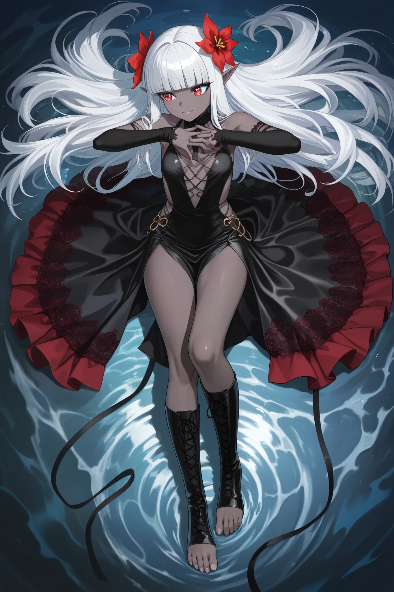 (Ultra-detailed face, Looking away, Gothic Illustration, Dark tone colors. She has five fingers on her hands and five toes on her feet.), BREAK
(The bottom of the sea where the light reaches the sun. The composition looks down on the surface of the sea from above at an angle. The surface of the sea reflects the glistening light of the sun.), BREAK
(A young female dark elf wizard, in a bold pose and gesture, grips her magic wand above her head with both hands, plunges with great force into the water, and sinks slowly and fluffy through the sea to the ocean floor. The bubbles around her body drift upward.), BREAK
(The dark elf woman has white hair, white eyebrows, blunt bangs, shoulder-length hair, small pink lips, sparkling lavender eyes, clear white skin, and thick eyeliner. A fearless smile.), (She wears a jet-black ribbon tie and a short, draped, jet-black, svelte lace-up dress with dark red lace ruffles and embroidered yellow dragonflower patterns. She wears black leather boots with a black leather fold over.)