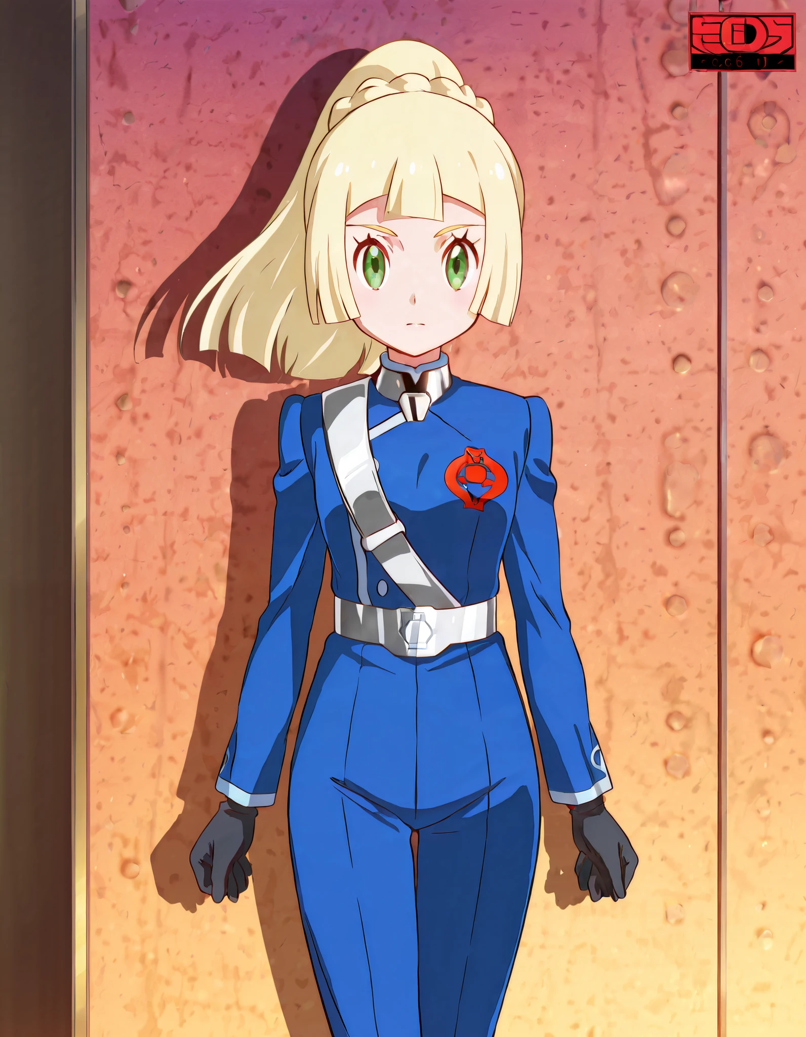 absurd, (absurd_resolution), masterpiece, best quality, (best illustration), (best shadow), ultra-High resolution, score_9, score_8_up, score_7_up, BREAK source_anime, 1girl, solo, shiny skin, perfect eyes, anime style, beautiful detailed eyes, anime_coloring, anime_screencap, lillie (pokemon), long hair, ponytail, braid, blunt bangs, green eyes, silver metal face plate, faceless, blue suit, black gloves, red cobra logo, logo on left chest,