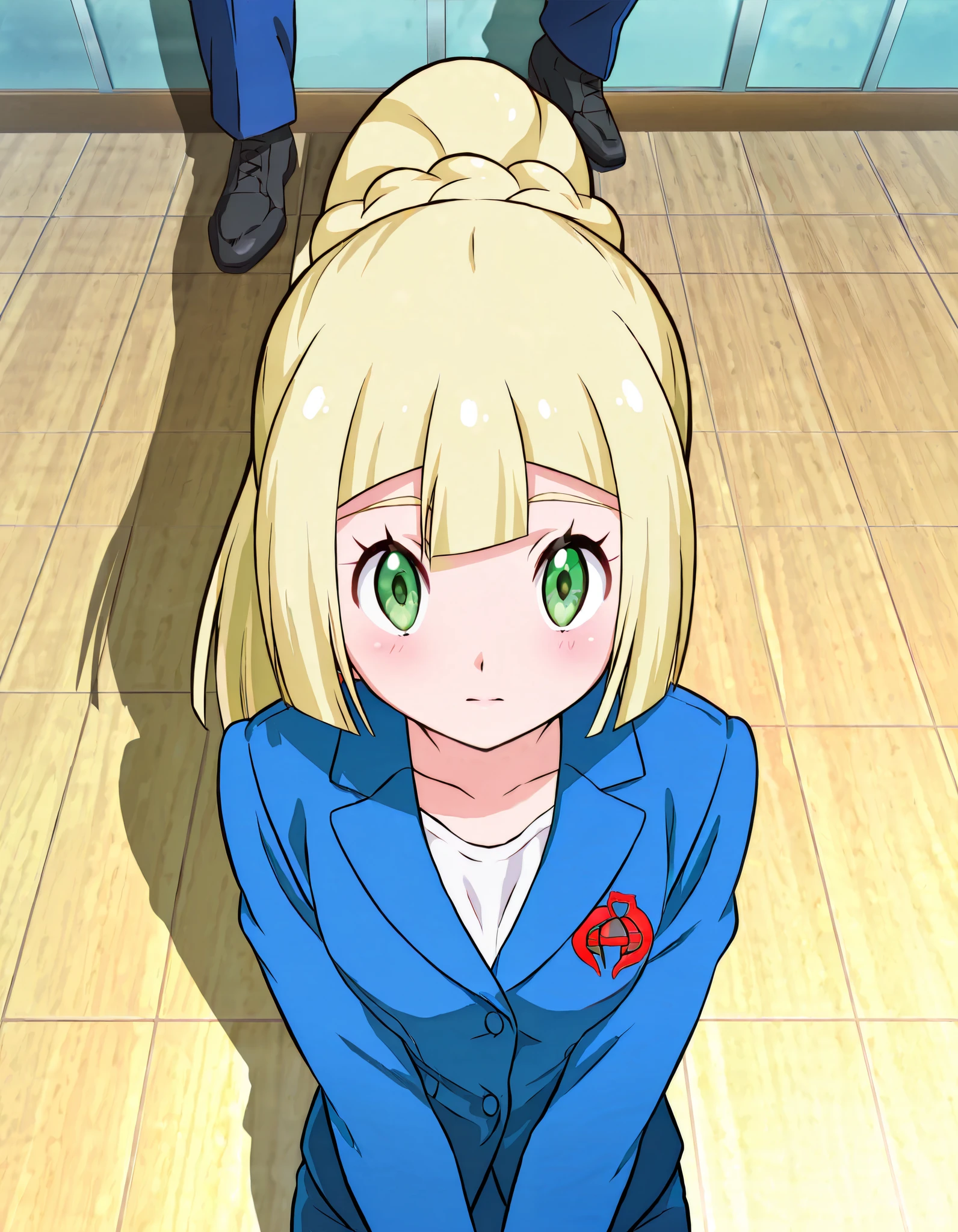 absurd, (absurd_resolution), masterpiece, best quality, (best illustration), (best shadow), ultra-High resolution, score_9, score_8_up, score_7_up, BREAK source_anime, 1girl, solo, shiny skin, perfect eyes, anime style, beautiful detailed eyes, anime_coloring, anime_screencap, lillie (pokemon), long hair, ponytail, braid, blunt bangs, green eyes, silver metal face plate, faceless, blue suit, black gloves, red cobra logo, logo on left chest,