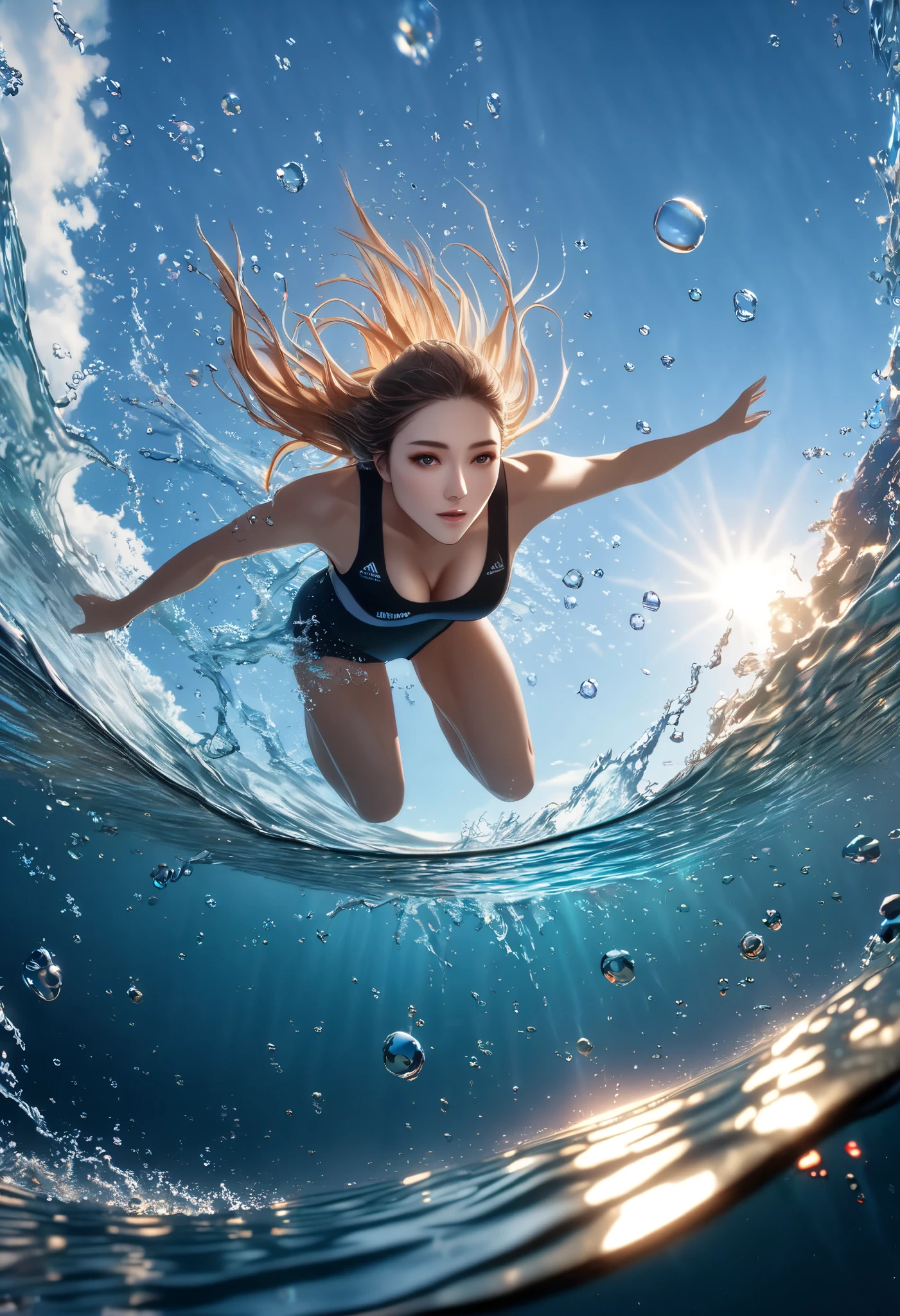 (swimmer diving), a beautiful portrait in realistic style, oil painting, with a touch of surrealism, (1 woman), tanned skin, long wavy hair, diving in crystal clear water, vibrant reflections, elegant movement, background in shades of light blue, soft waves, aquatic nuances, Kodak Portra 400, natural light, intricate details, hyper-realistic photography, cinematic, cinema, hyper-detail, UHD, color correction,  hdr, color grading, hyper-realistic CG animation