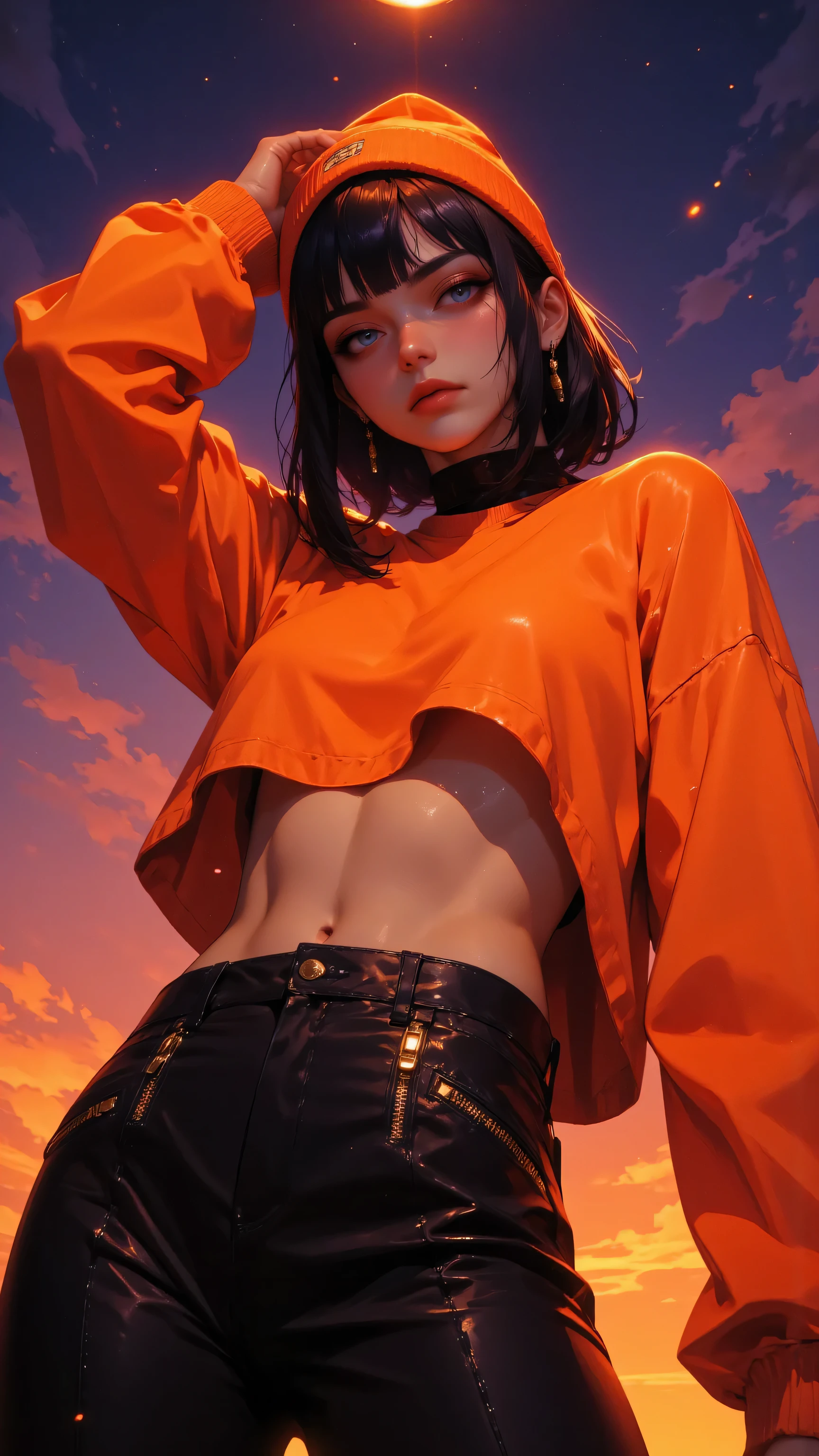 8k, masterpiece, highest quality, Low-angle, upward, three-quarter view. Short, dark hair, blue eyes, serious expression, slender build. Orange cropped sweater, long sleeves, dark pants, gold zippers, orange beanie.  Arm raised, hand on head, slightly angled body, confident pose. Sunset sky, orange and purple hues, glowing particles.