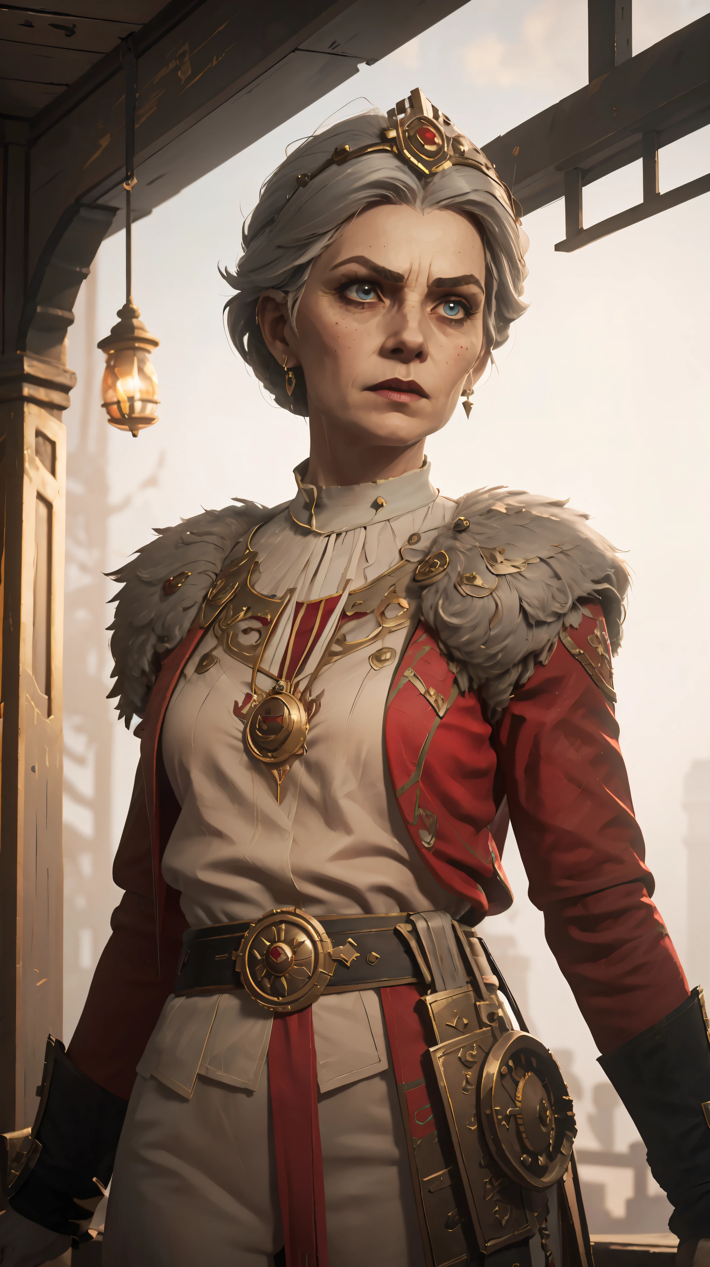 professional photo of an empire administratum noblewoman, old wrinkled woman, pale, beauty spots, ulrika, perfect eyes, wearing white an red noble clothing, upper body shot low lighting, moody, large depth of field, warhammer 40k, deep depth of field, highly detailed, plain white background, (bright, good lighting, bright frontal light), three quarter shot, frontal image, standing in gothic style office, looking to right, (upper body portrait), si-fi communication device on belt and lasgun on hip