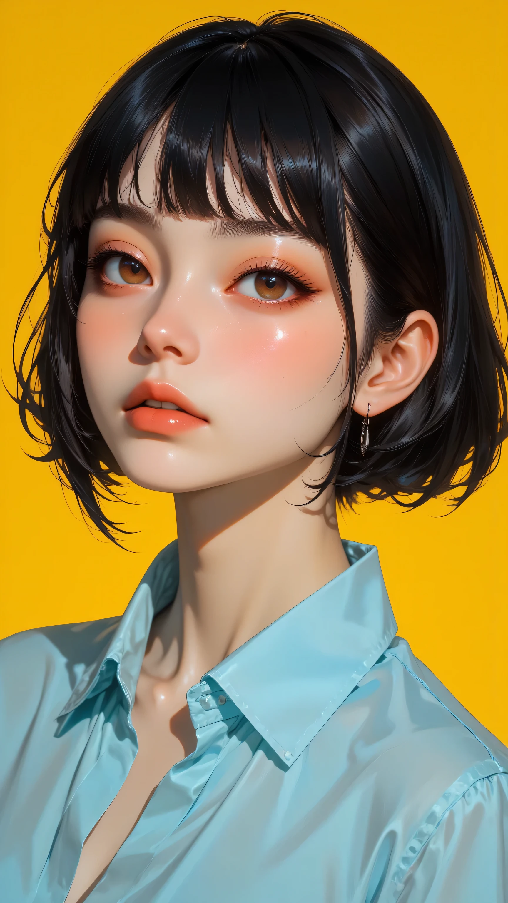 8k, masterpiece, highest quality, Close-up, frontal viewpoint. Short bob, bangs, large eyes, full lips, blush, light blue shirt. Simple pose, facing forward. Yellow background.