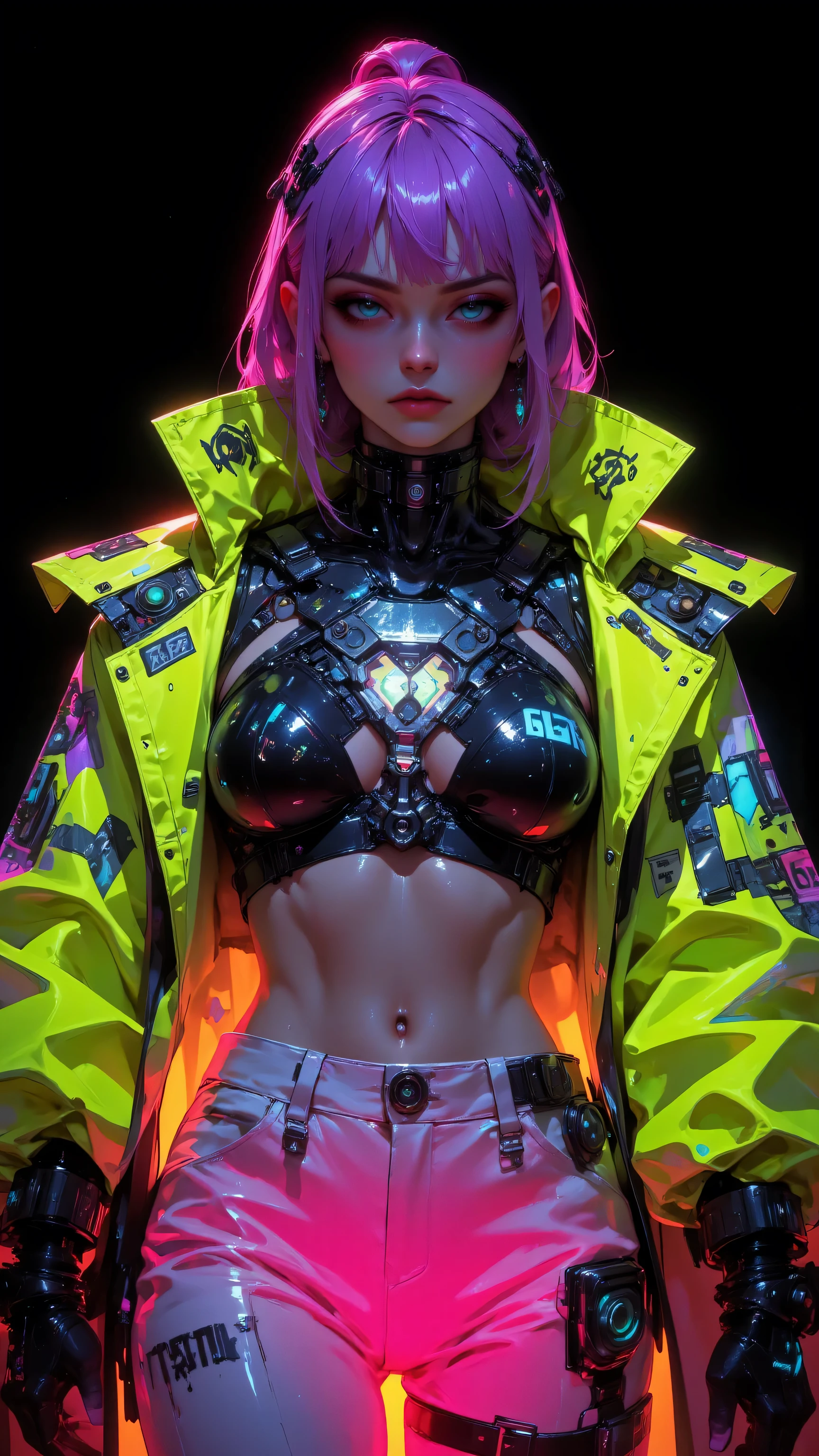 8k, masterpiece, highest quality, female, vibrant, neon, pink, purple, hair, chartreuse, yellow, jacket, black, bra, metallic, straps, white, pants, pink, phosphorescent, abstract, symbols, piercings, earrings, subtle, makeup, cyberpunk, futuristic, high-tech, street, style, dramatic, lighting, strong, contrast, figure, background, high, quality, professional, rendering, digital, art, confident, defiant, black, background.