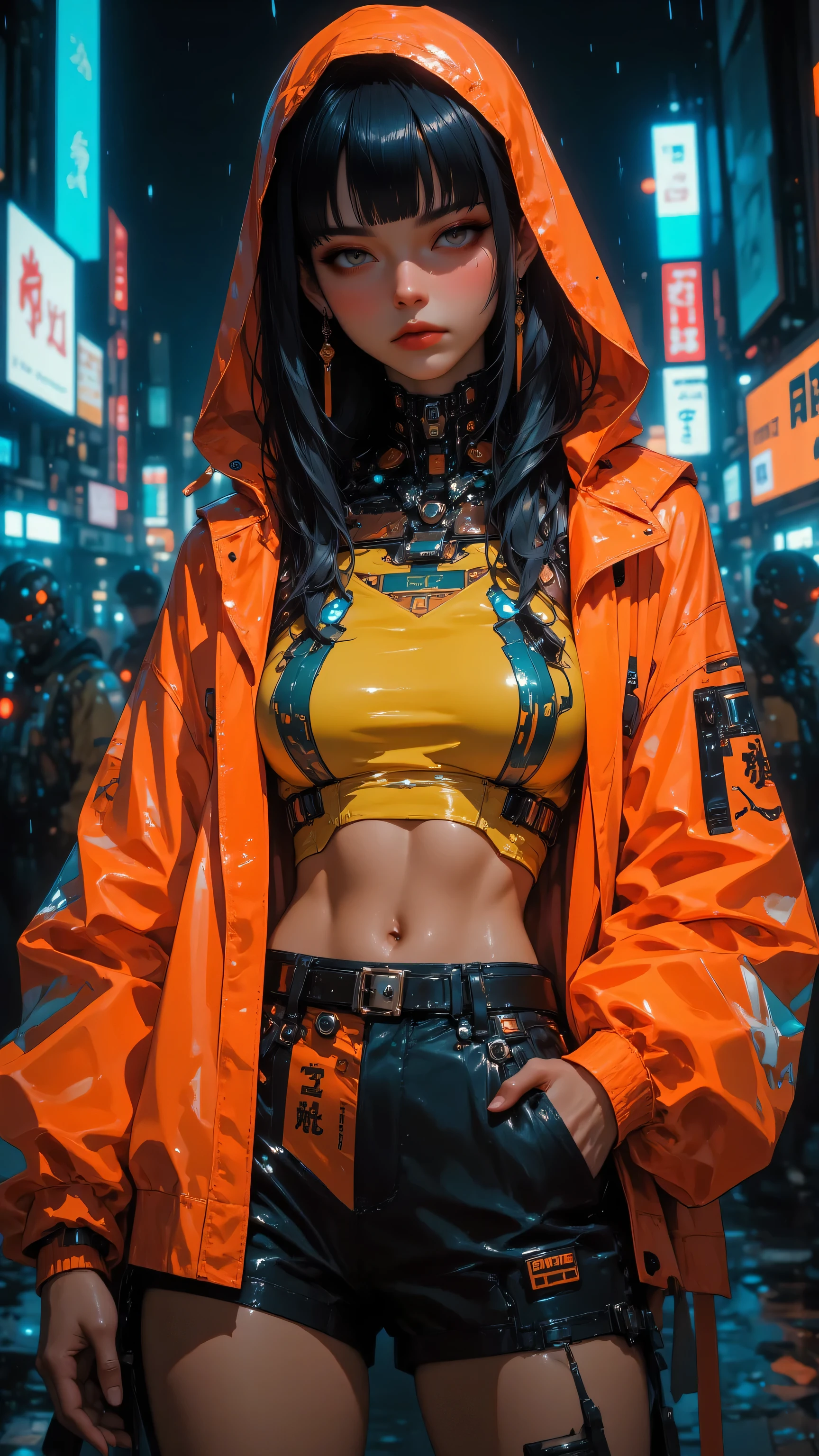 8k, masterpiece, highest quality, dark hair, bangs, dangling earrings, serious expression, bright orange jacket, large hood, transparent chest panel, yellow top, dark shorts, futuristic style, cyberpunk elements, blurry city background, night setting, bright lights, rain suggestion.