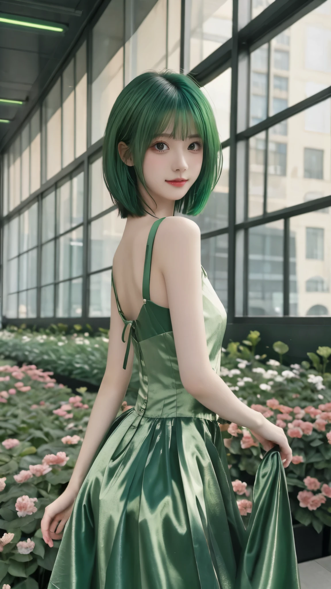high resolution,超high resolution,8k, High precision,TOP QUALITY, masterpiece, Super Fine Paintings  , detailed depiction of up to the front door,1 girl, upper body,((asymmetrical haircut , green hair)),big breasts, supine pose , similarly , glowing neon lights , intermediate shot,Fujifilm X-T4 + 23mm f/2 Lenses,dusk,Flower Farm,watch viewers, ((slender body line)), ( small nice ass:1.3), (wacky dress ), ( detailed hands:1.3, perfect right hand:1.2), (Beautiful small face, beautiful eyes, Beautiful nose, Beautifully shaped lips )