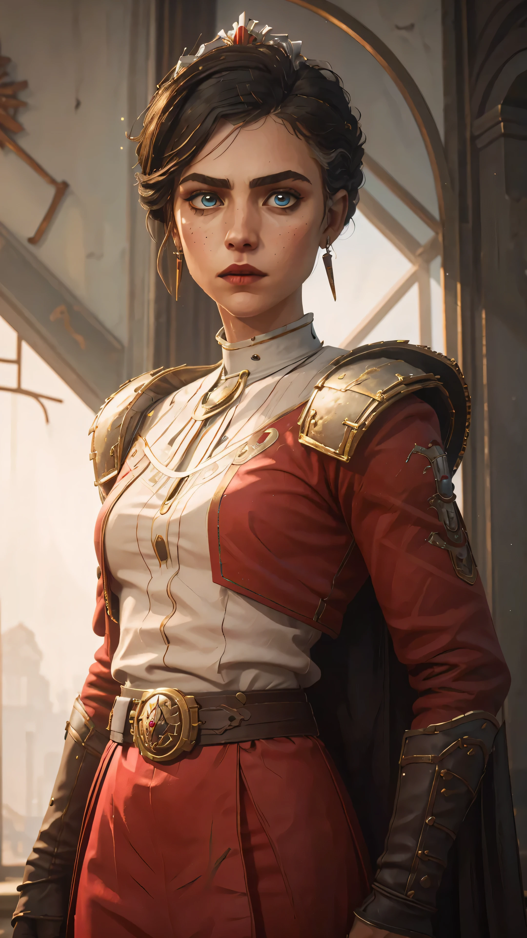professional photo of Margaret Qualley as an empire administratum noblewoman, marqual, ulrika, perfect eyes, wearing white an red noble clothing, upper body shot low lighting, moody, large depth of field, warhammer 40k, deep depth of field, highly detailed, plain white background, (bright, good lighting, bright frontal light), three quarter shot, frontal image, standing in brightly lit gothic style office, looking to right, (upper body portrait), si-fi communication device on belt and lasgun on hip, ((soft light illuminating face))