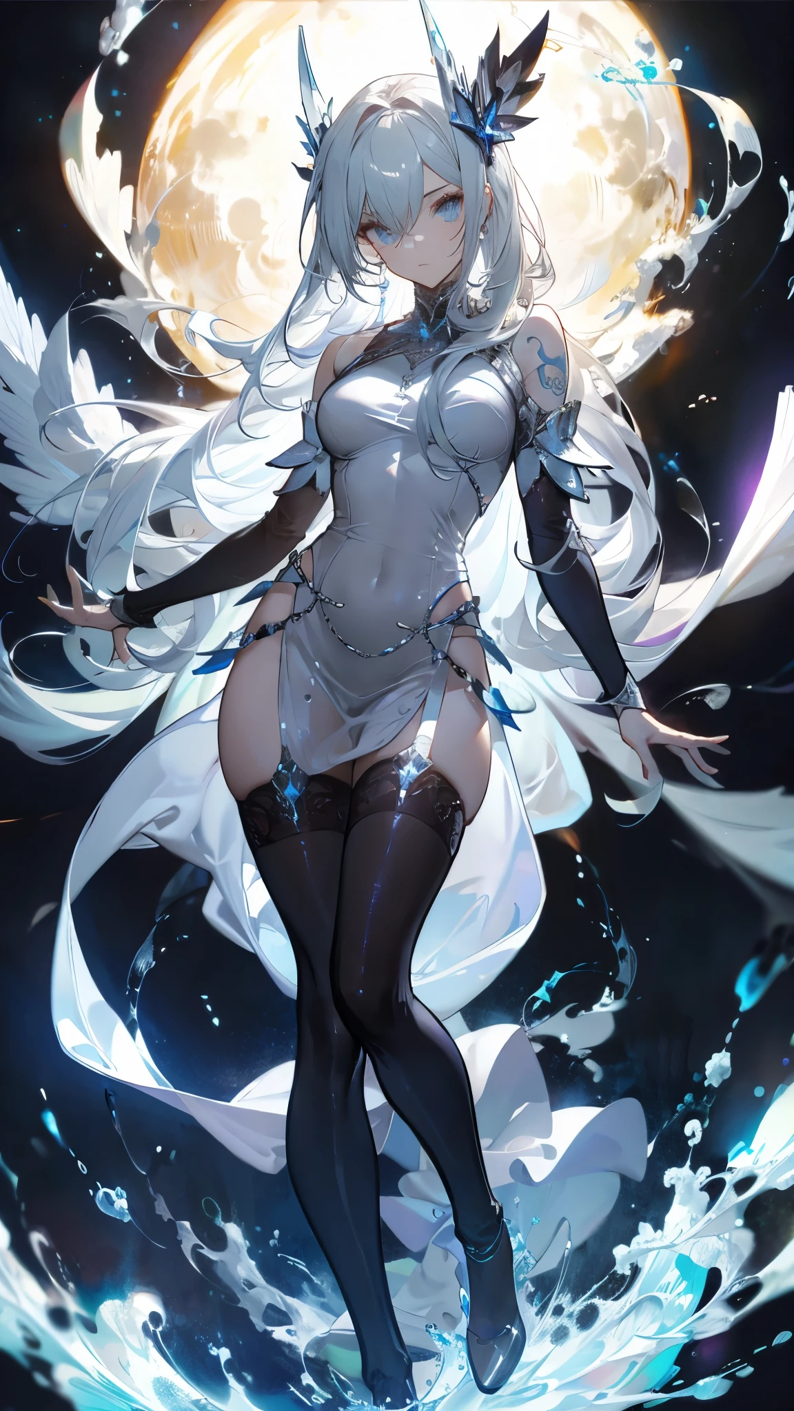 ((masterpiece, best quality)), Delicate face，Mage，Full body painting，Perfect body proportions，Large Breasts，Long legs，white hair，Long wavy hair，beautiful eyes，Fantasy style，Extremely beautiful，White background，fresh breeze，magic，transparent，Sex bikini，Lace，Garter stockings，exposed