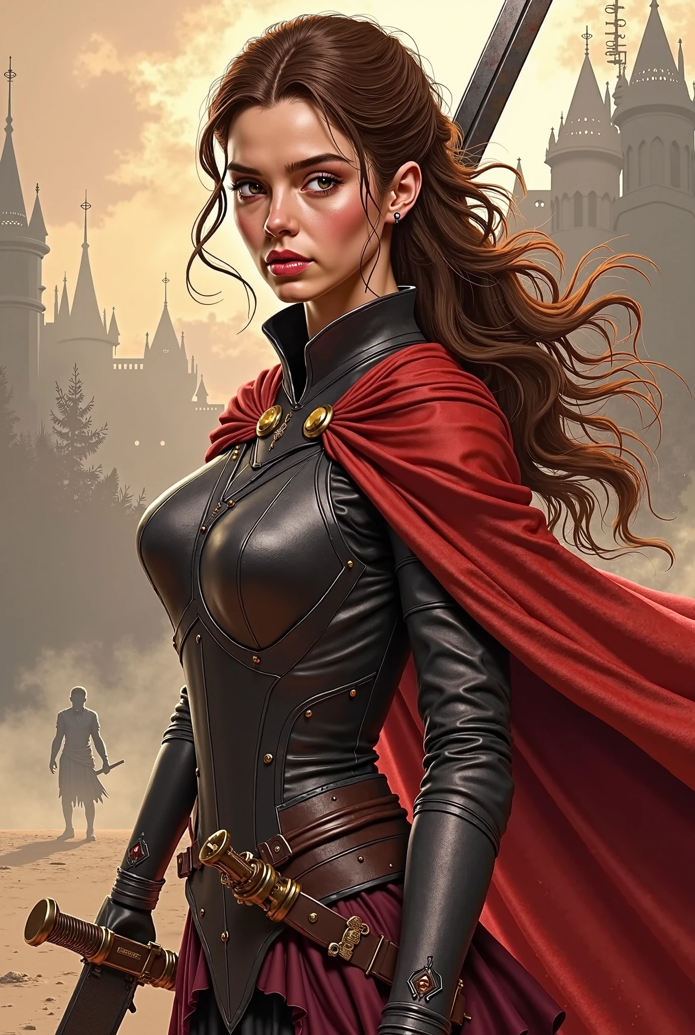 Masterfully detailed extremely realistic digital art of beautiful caucasian woman, manacing woman action pose, sexy smile, fair skin, beautiful face, dark brown eyes, eyelashes, makeup, pouty lips, straight long black hair, breasts, slim waist, wide hips, slender body, skindentation, glossy skin, leather armor outfit, black, cowl & cape, crimson, belts, straps, bracers, pants, earrings, background dark gothic medieval city at night, rooftops, shadows,