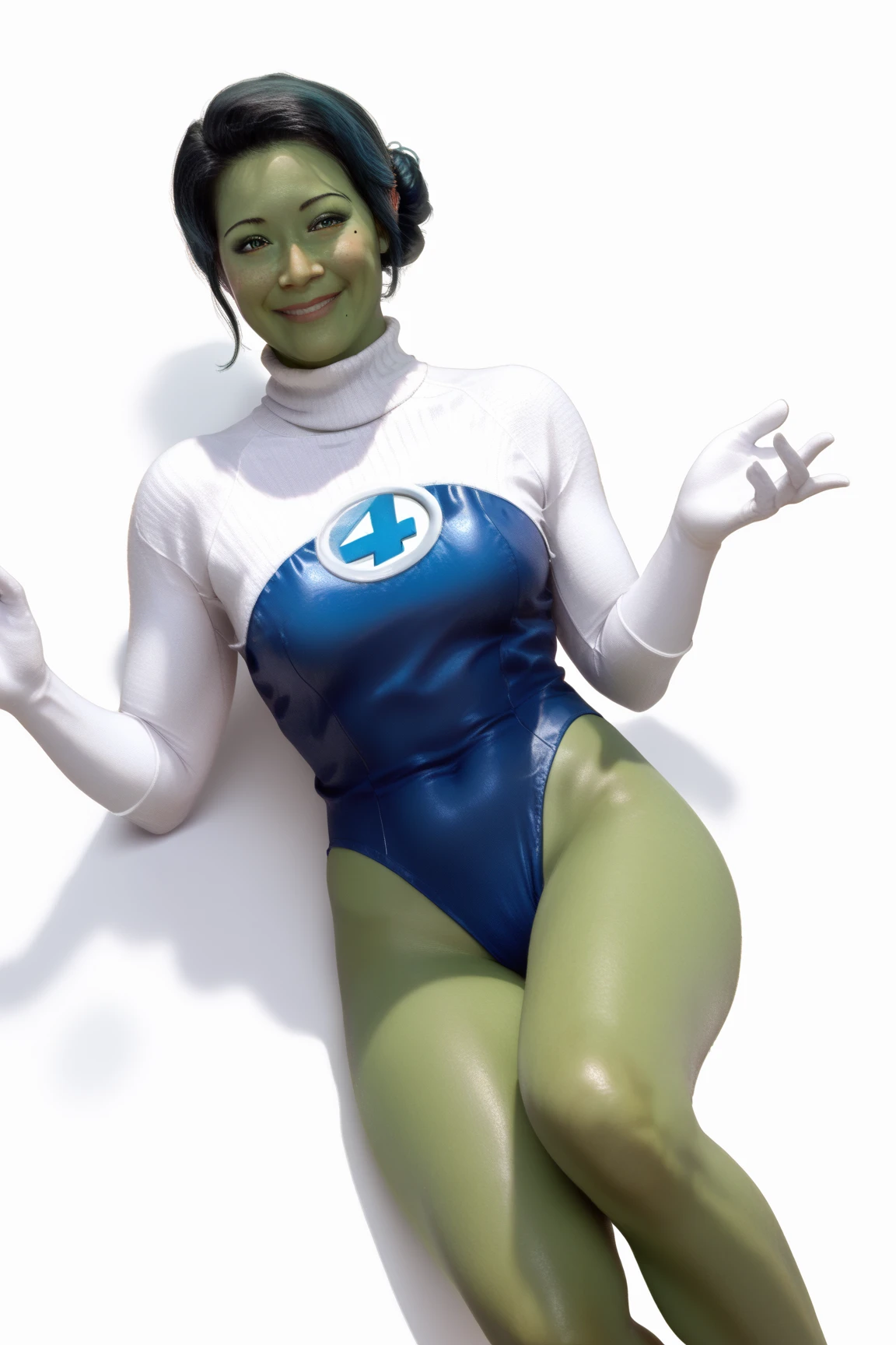 Susan Storm from the fantastic four with green hair and green skin, slutty, busty, beautiful large breasts, by Louis Royo, Boris Vallejo, Frank Frazetta, extreme focus, sharp details, sexy, oily skin, sexy, naughty, dynamic pose, (((green skin))), (((green hair)))