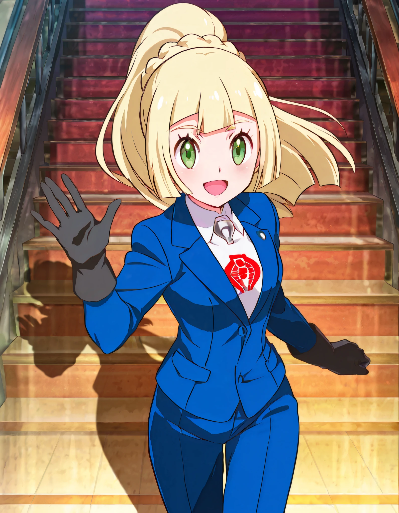 absurd, (absurd_resolution), masterpiece, best quality, (best illustration), (best shadow), ultra-High resolution, score_9, score_8_up, score_7_up, BREAK source_anime, 1girl, solo, shiny skin, perfect eyes, anime style, beautiful detailed eyes, anime_coloring, anime_screencap, lillie (pokemon), long hair, ponytail, braid, blunt bangs, green eyes, silver metal face plate, faceless, blue suit, black gloves, red cobra logo, logo on left chest, hand up, smile, open mouth, stairs, looking forward, from lower,