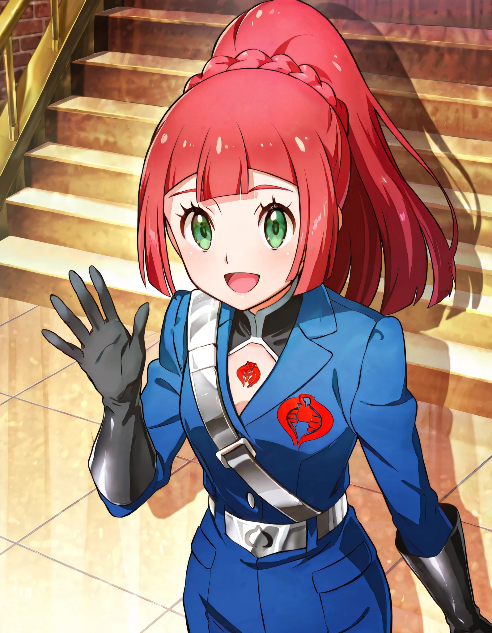 absurd, (absurd_resolution), masterpiece, best quality, (best illustration), (best shadow), ultra-High resolution, score_9, score_8_up, score_7_up, BREAK source_anime, 1girl, solo, shiny skin, perfect eyes, anime style, beautiful detailed eyes, anime_coloring, anime_screencap, lillie (pokemon), long hair, ponytail, braid, blunt bangs, green eyes, silver metal face plate, faceless, blue suit, black gloves, red cobra logo, logo on left chest, hand up, smile, open mouth, stairs, looking forward, from lower,