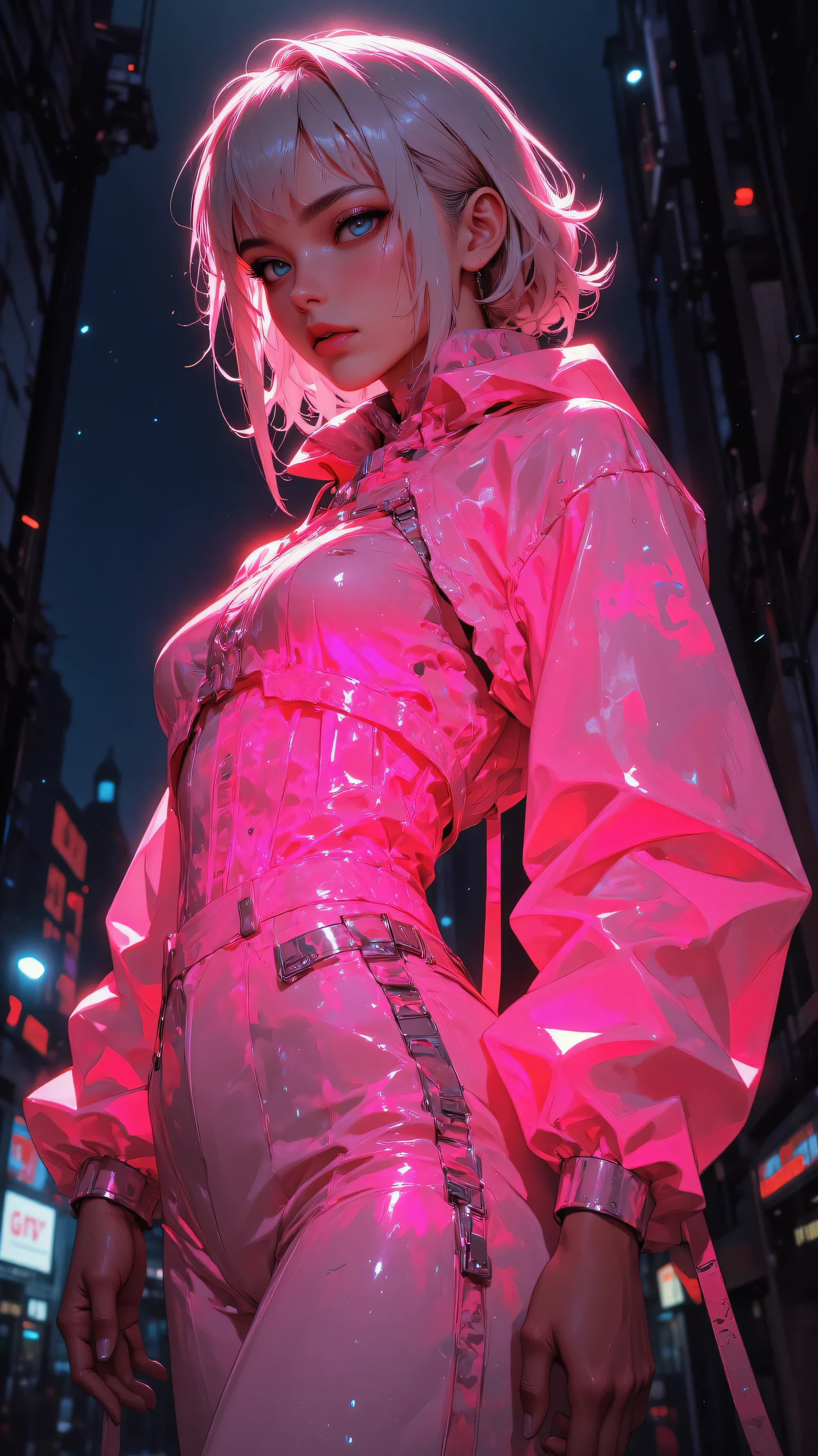 8k, masterpiece, highest quality, A woman with blonde hair and a pink jacket, emitting a vibrant glow, is viewed from the waist up, with a subtle romantic undertone, and highlighted by a unique blend of sharp and soft edges.