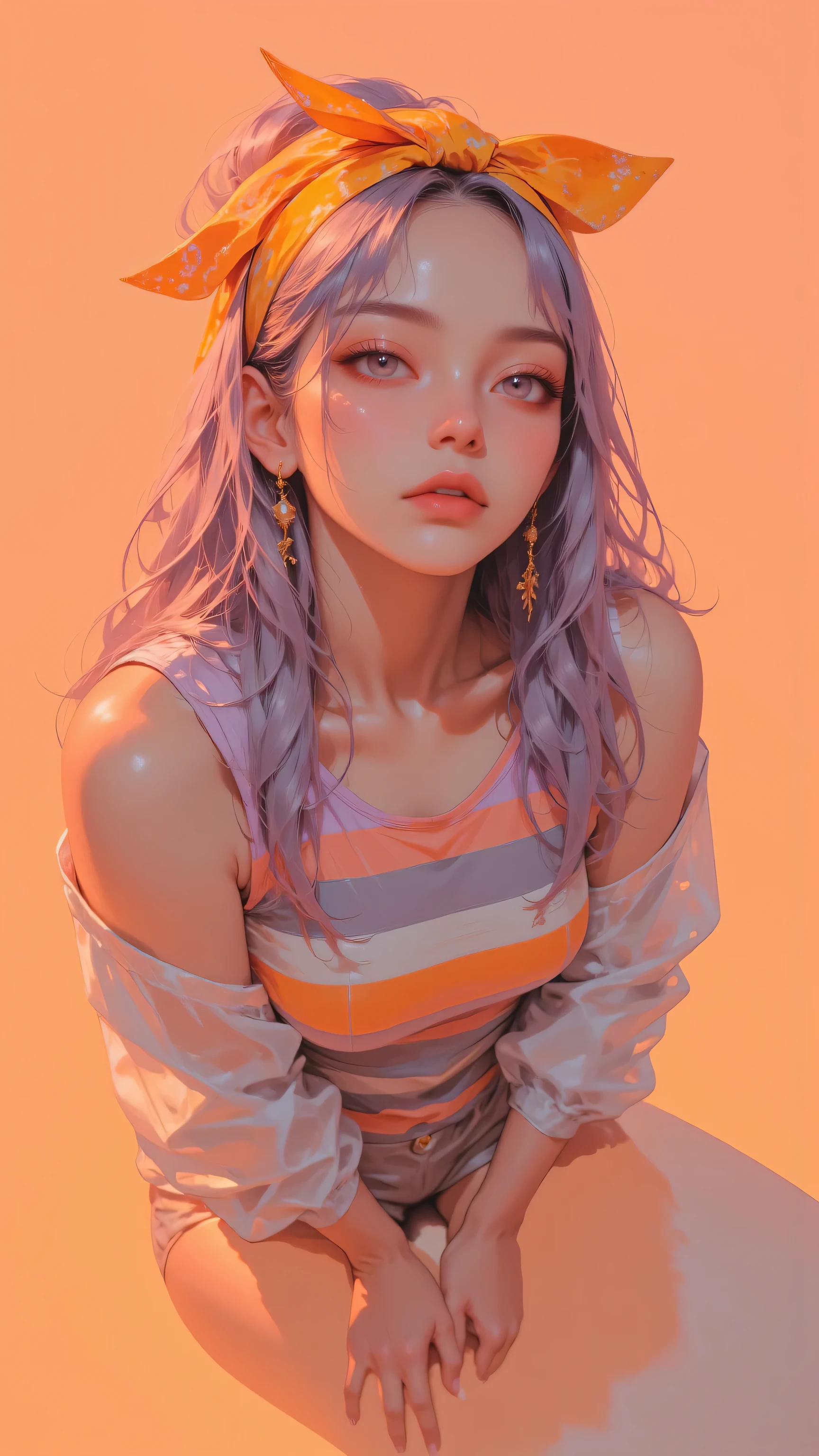 8k, masterpiece, highest quality, high-angle, from below, woman,  long wavy hair, light purple,  multicolored tank top, horizontal stripes, peach, orange, gray, yellow orange bandana, fair skin, delicate features, earrings, hands, head, soft warm lighting, dreamy, ethereal, fashion photography, warm pastel palette,  gradient, peach orange background.