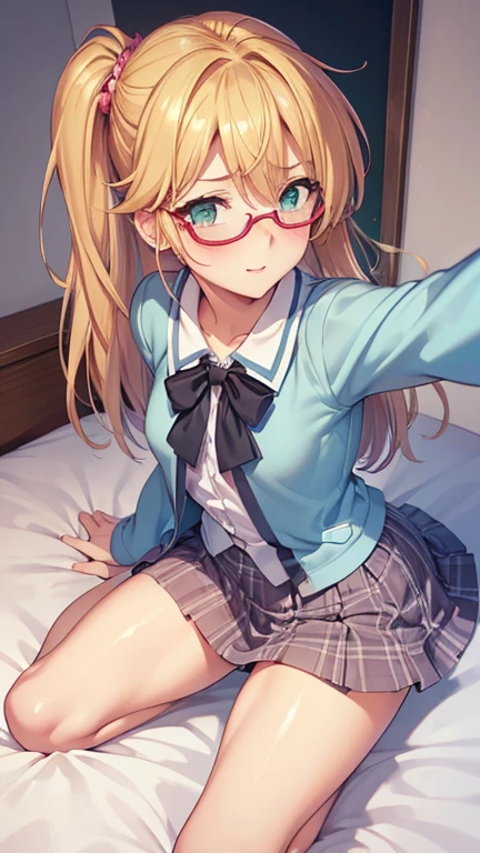 (((highest quality)))、beautiful girl、blonde、semi-long、Fair skin、red eyes、wood grain、Red Rim Glasses、small breasts、delicate、pink uniform、pleated skirt、tie、lying face up in bed、hold 1&#39;feet、裸feet、Skirt can be rolled up、spread legs、No panties、pussy、during sex、evening、dark room、love juice、Creampie、panties taken off、Normal position、Front opening、good、おpussyにペニスを挿入、smile、A system that accepts with open arms