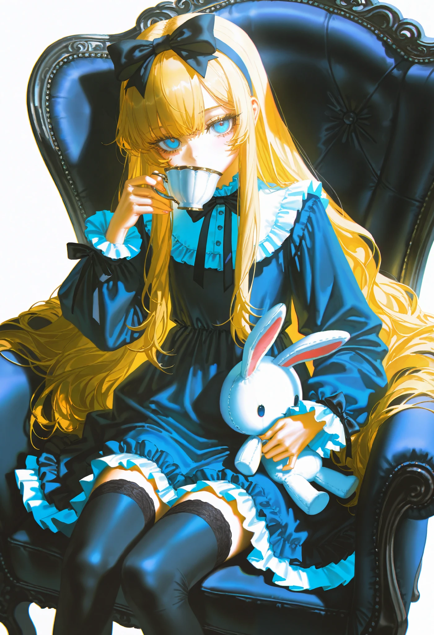 masterpiece,best quality,artist:john_kafka,artist:nixeu,artist:quasarcake,chromatic aberration,film grain,high contrast,color contrast,cold colors,gritty,graphite \\\\(medium\\\\),
1girl, long hair, solo, thighhighs, blue eyes, cup, dress, stuffed toy, sitting, stuffed rabbit, very long hair, stuffed animal, holding, teacup, chair, blonde hair, looking at viewer, black thighhighs, holding cup, bow, hair bow, black bow, long sleeves, drinking, frilled dress, hairband, on chair, frills, white background